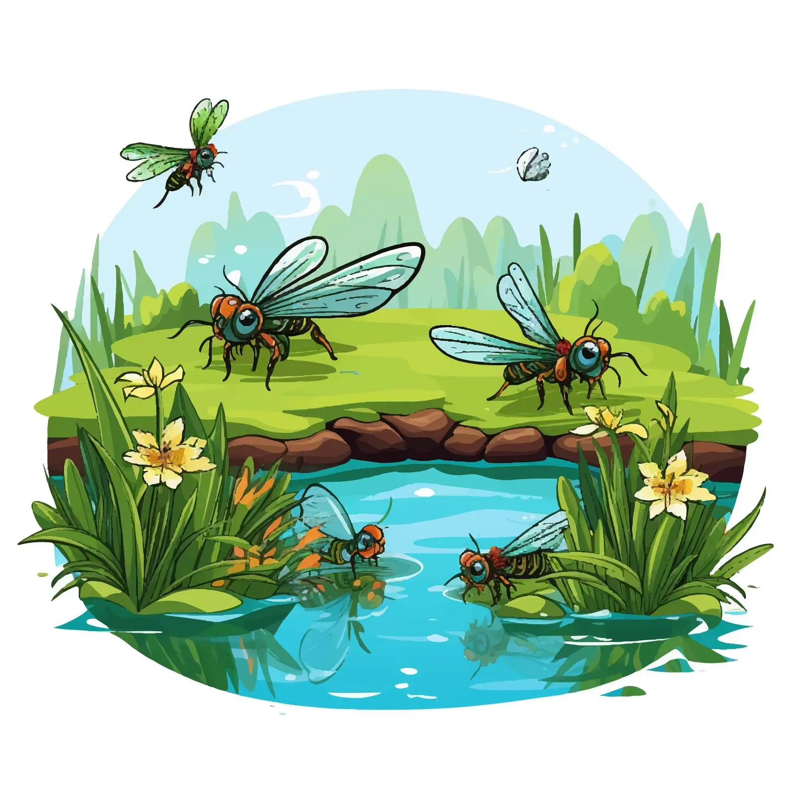 Insects Flying Around Pond Vector Illustration — free download from Dotvec
