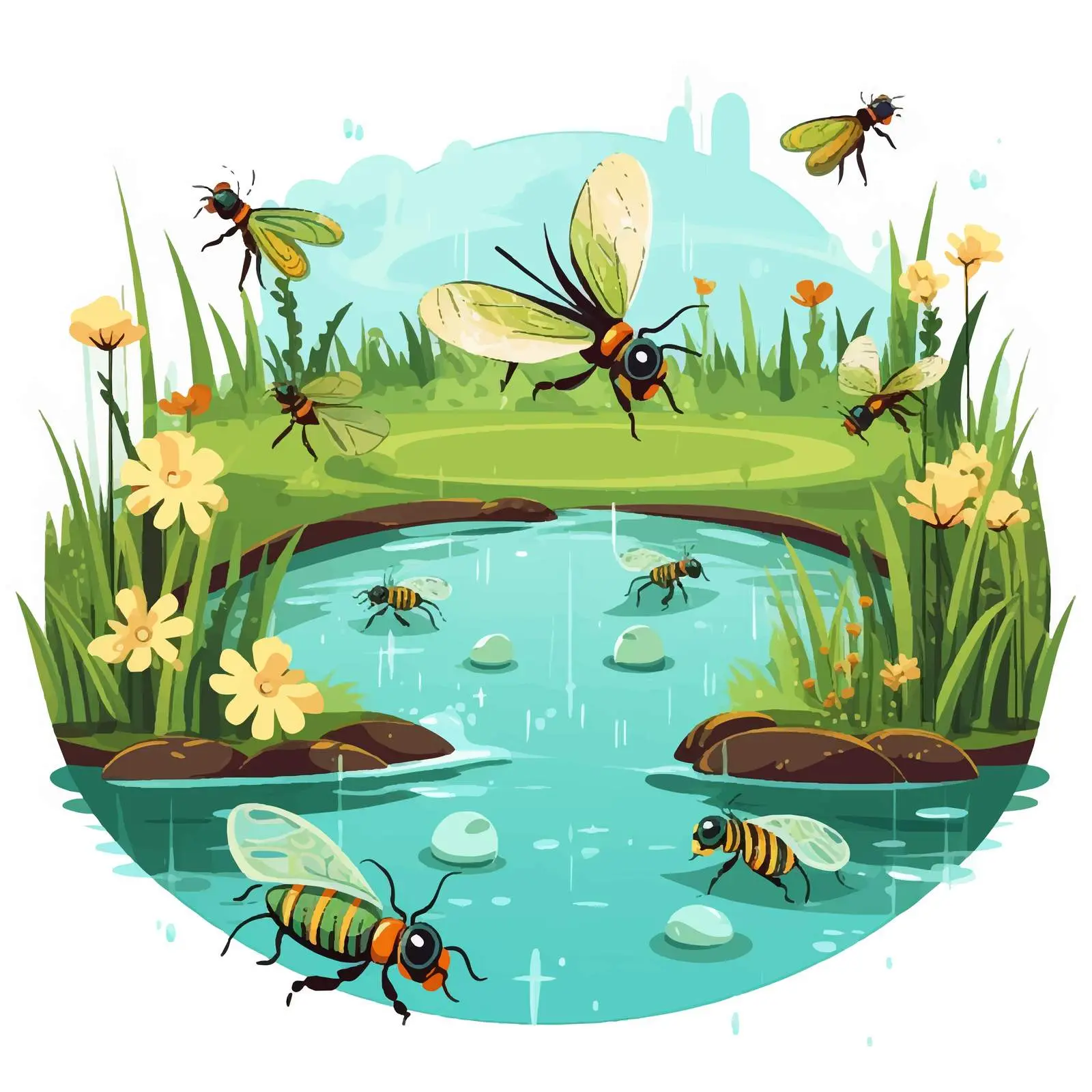 Insects Flying Around Pond Vector Illustration — free download from Dotvec