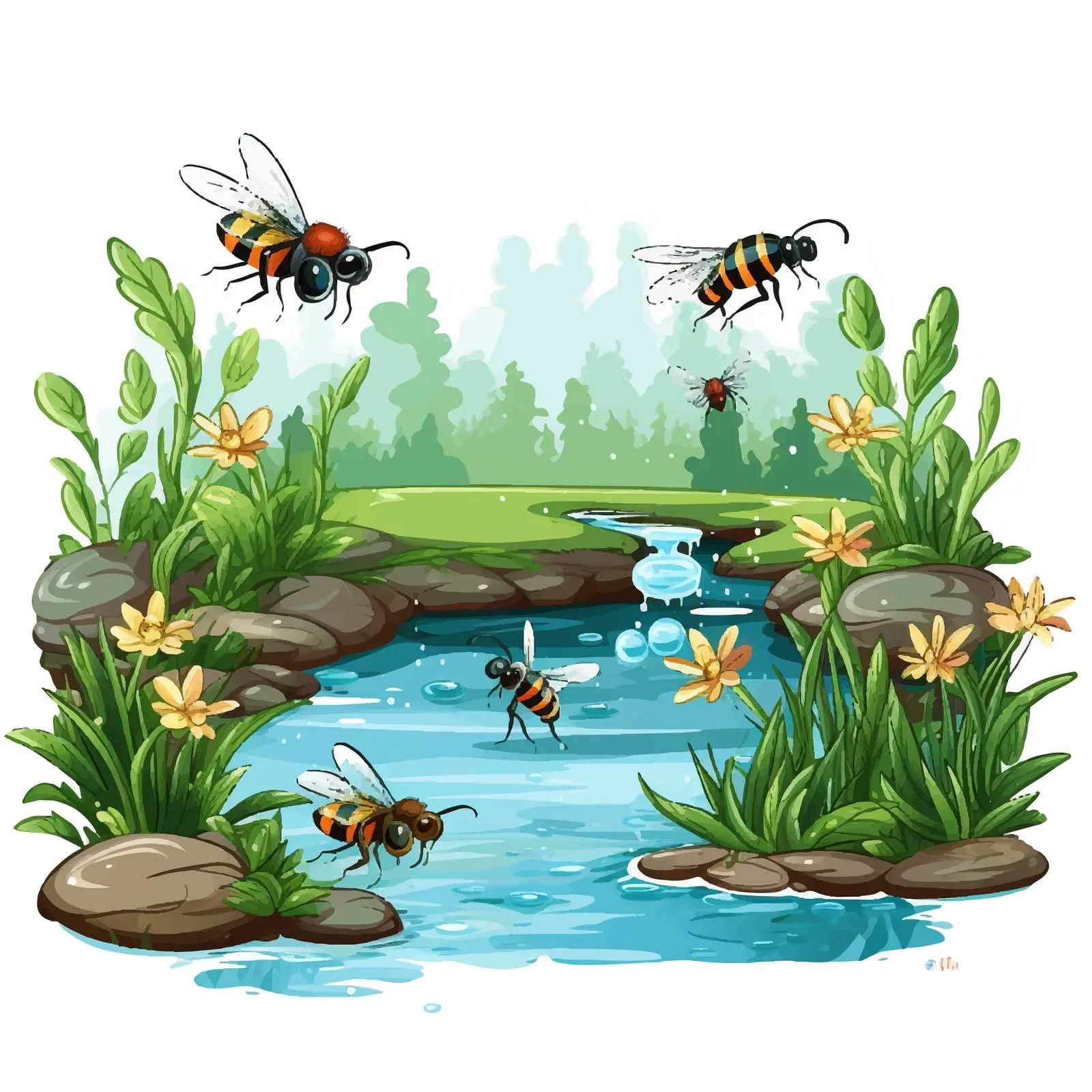 Insects Flying Around Pond Illustration Vector — free download from Dotvec