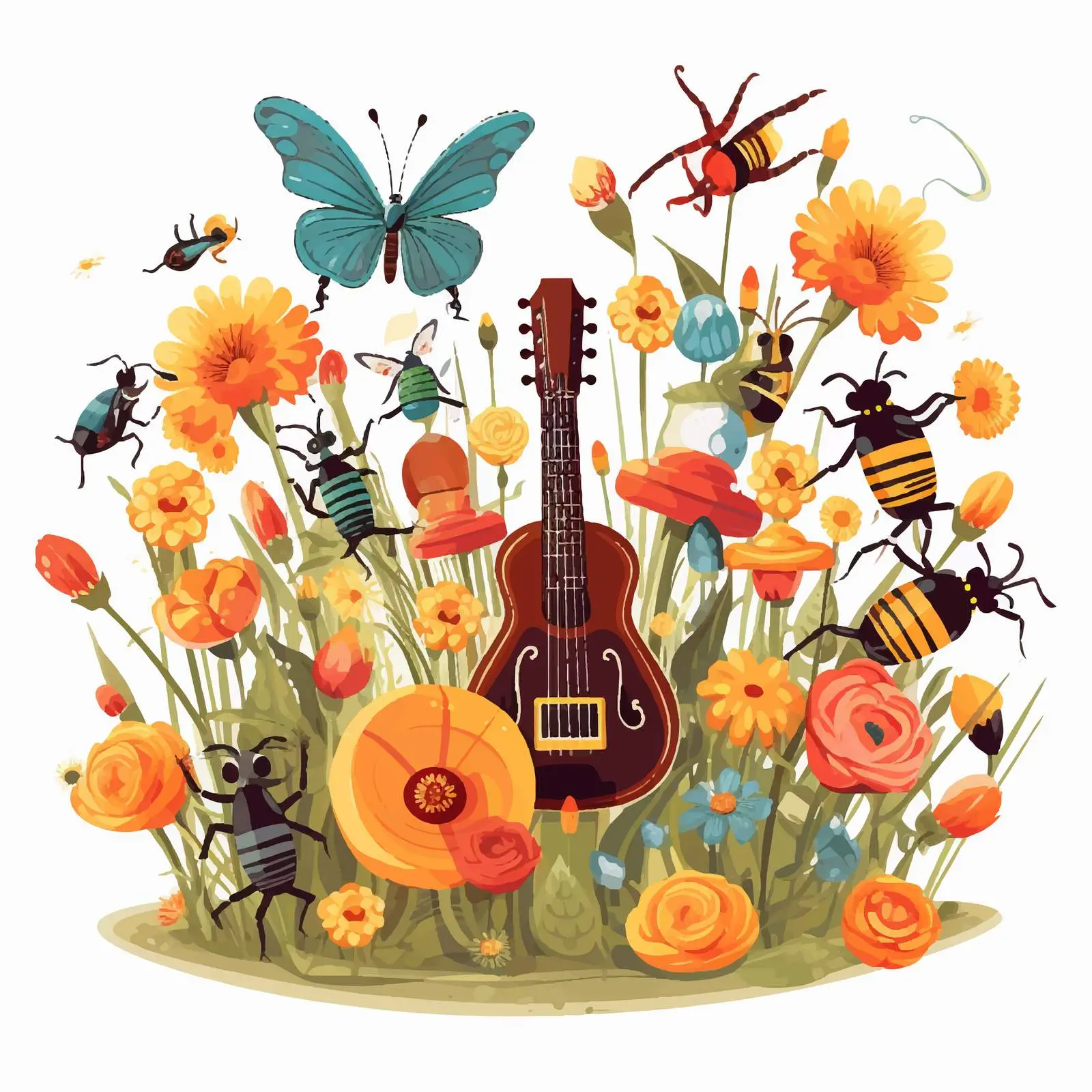 Insects Playing Music Among Flowers Vector Art — free download from Dotvec