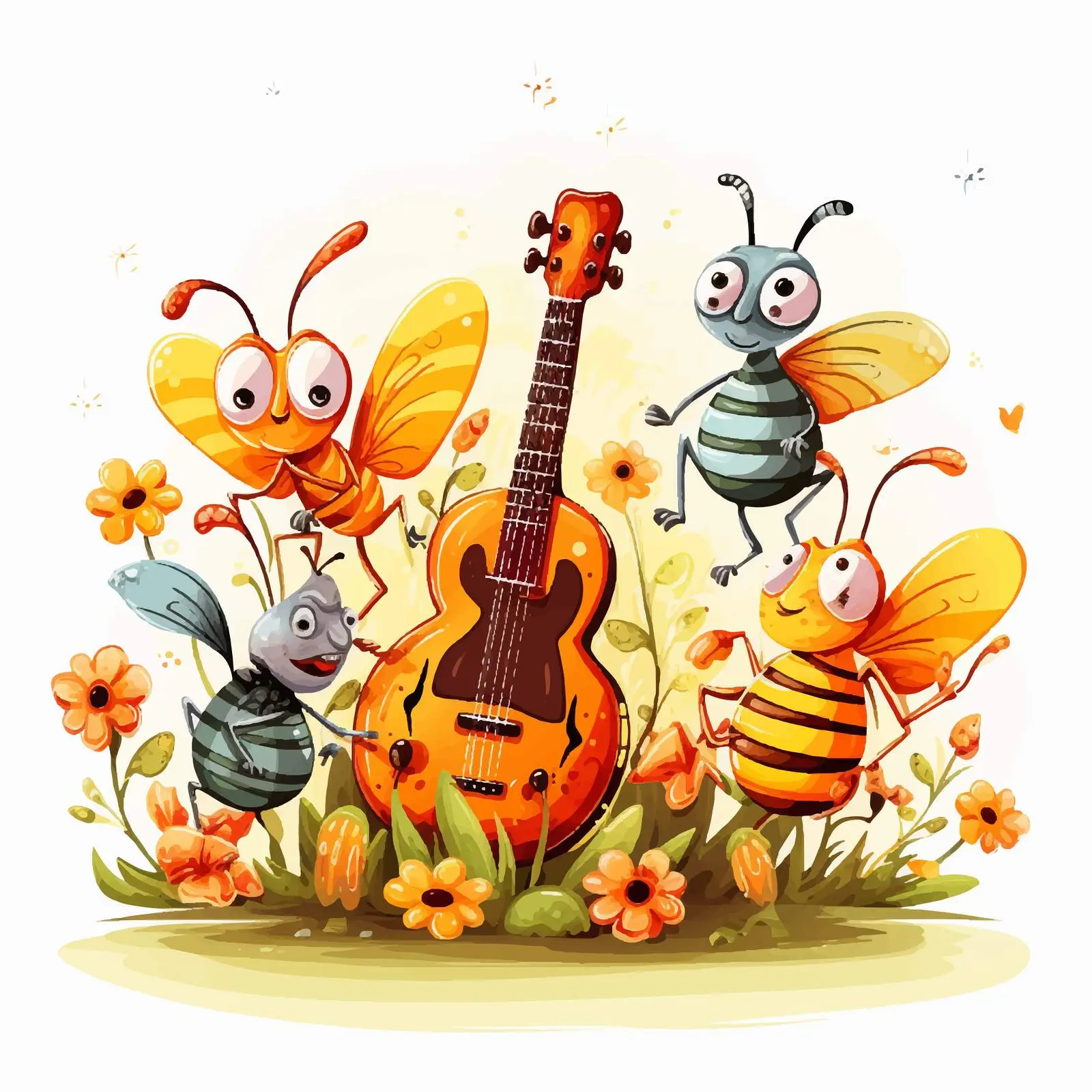 Insects Playing Instruments Among Colorful Flowers — free download from Dotvec