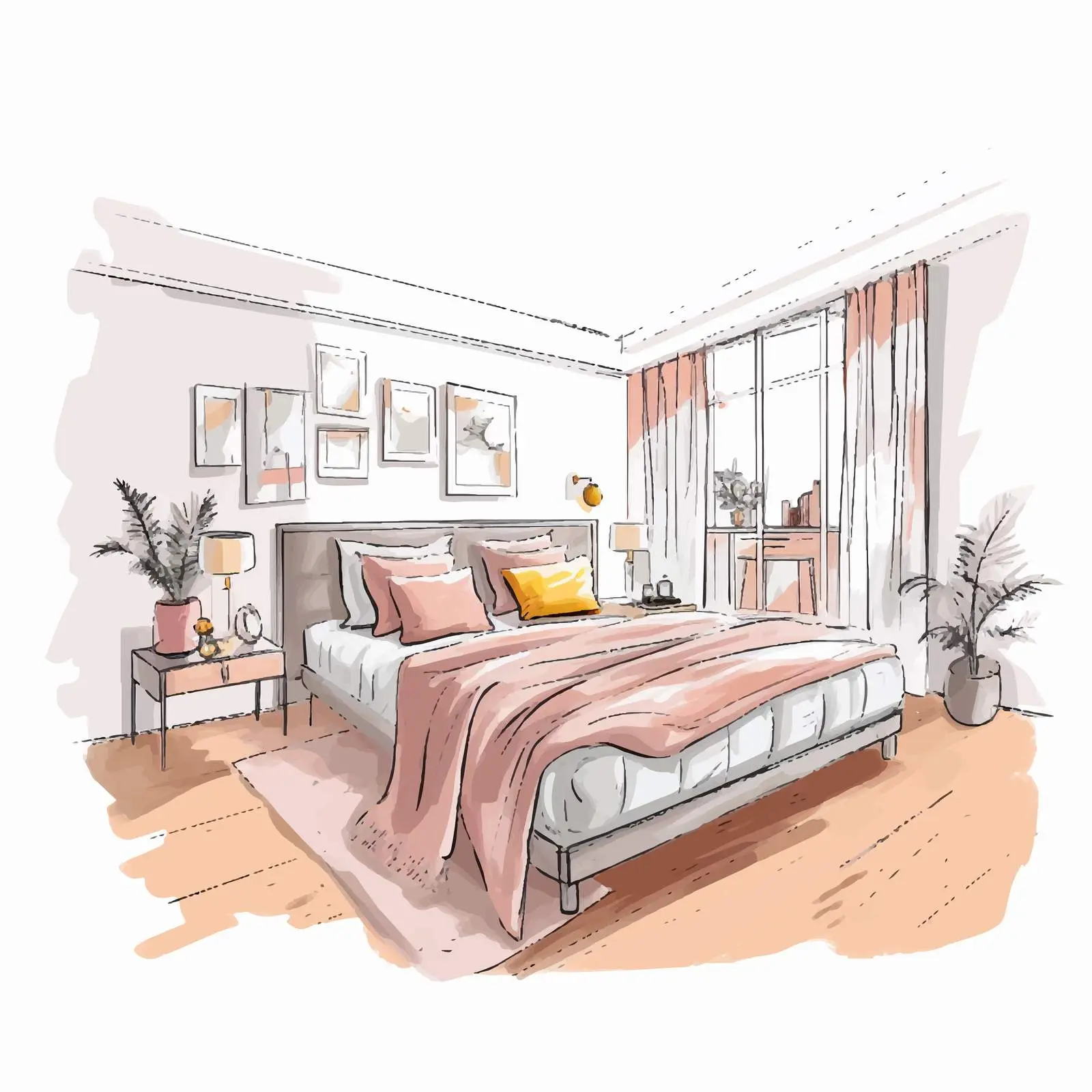 Modern Bedroom Design Sketch in Pastel Colors — free download from Dotvec