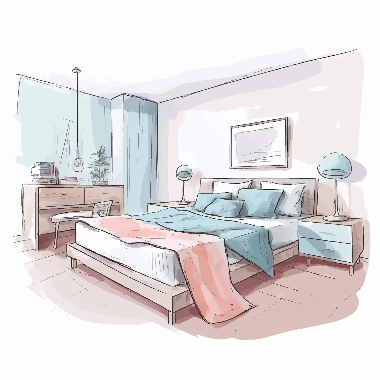 Modern Pastel Bedroom Interior Design Sketch — free download from Dotvec