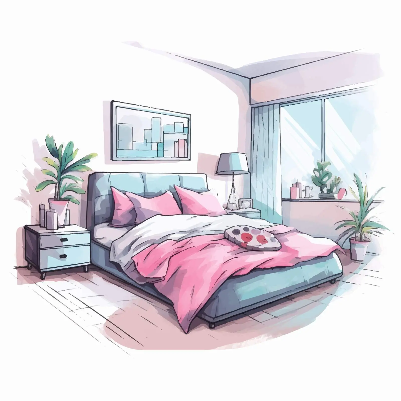Modern Pastel Bedroom Interior Design Sketch – free architecture design image from Dotvec