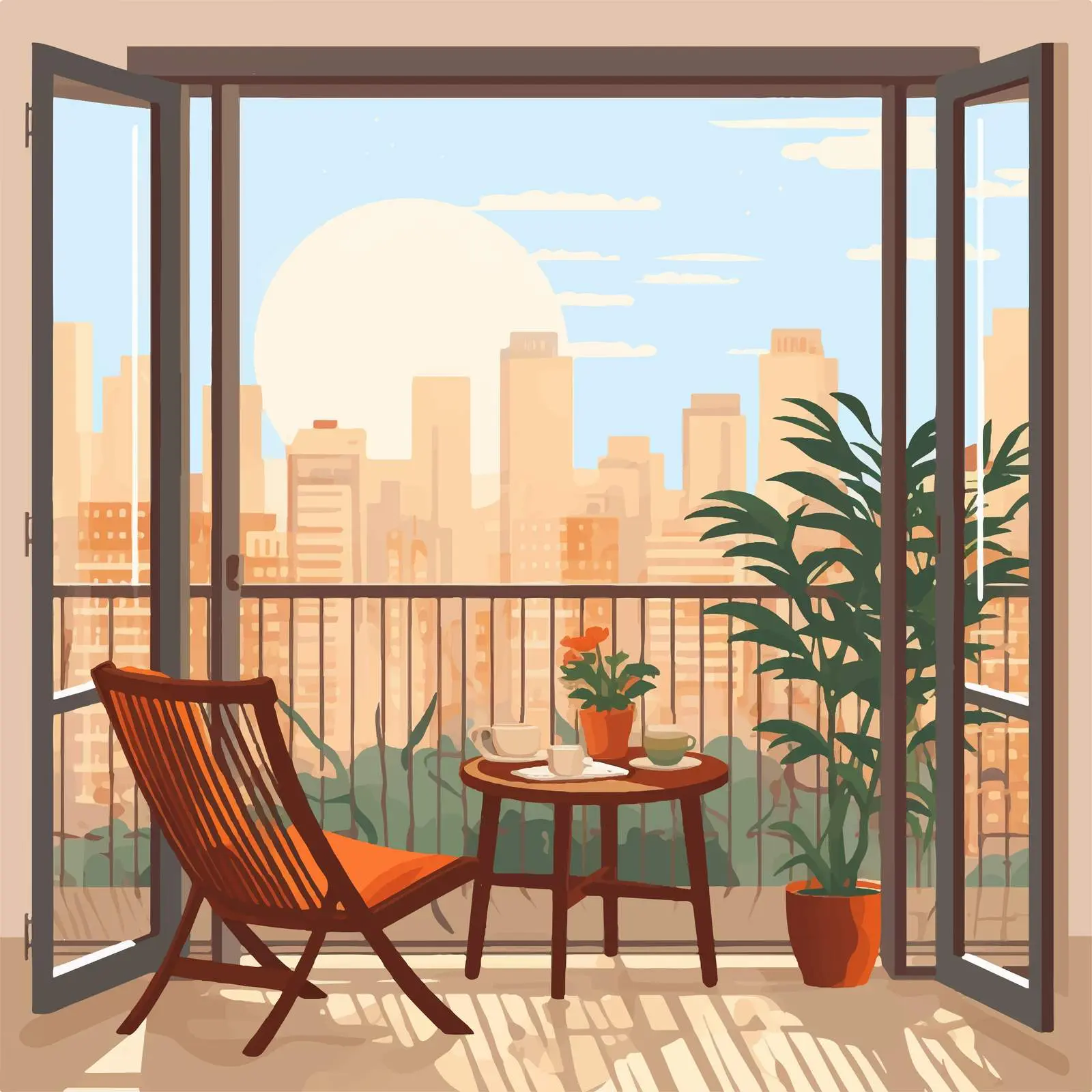 Stylish Balcony with Table and Potted Trees – free outdoor seating image from Dotvec