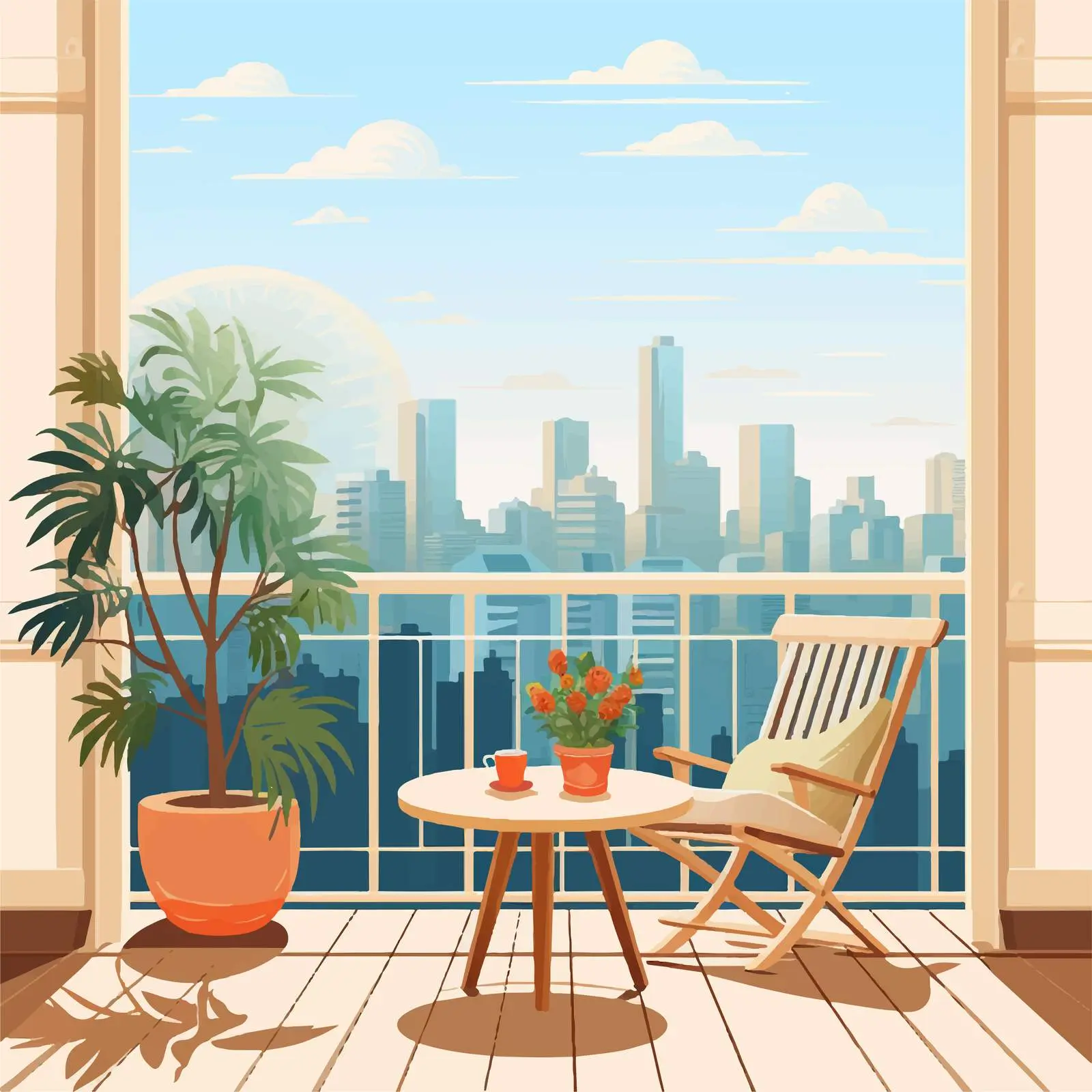 Scenic Balcony with Table and Potted Trees — free download from Dotvec