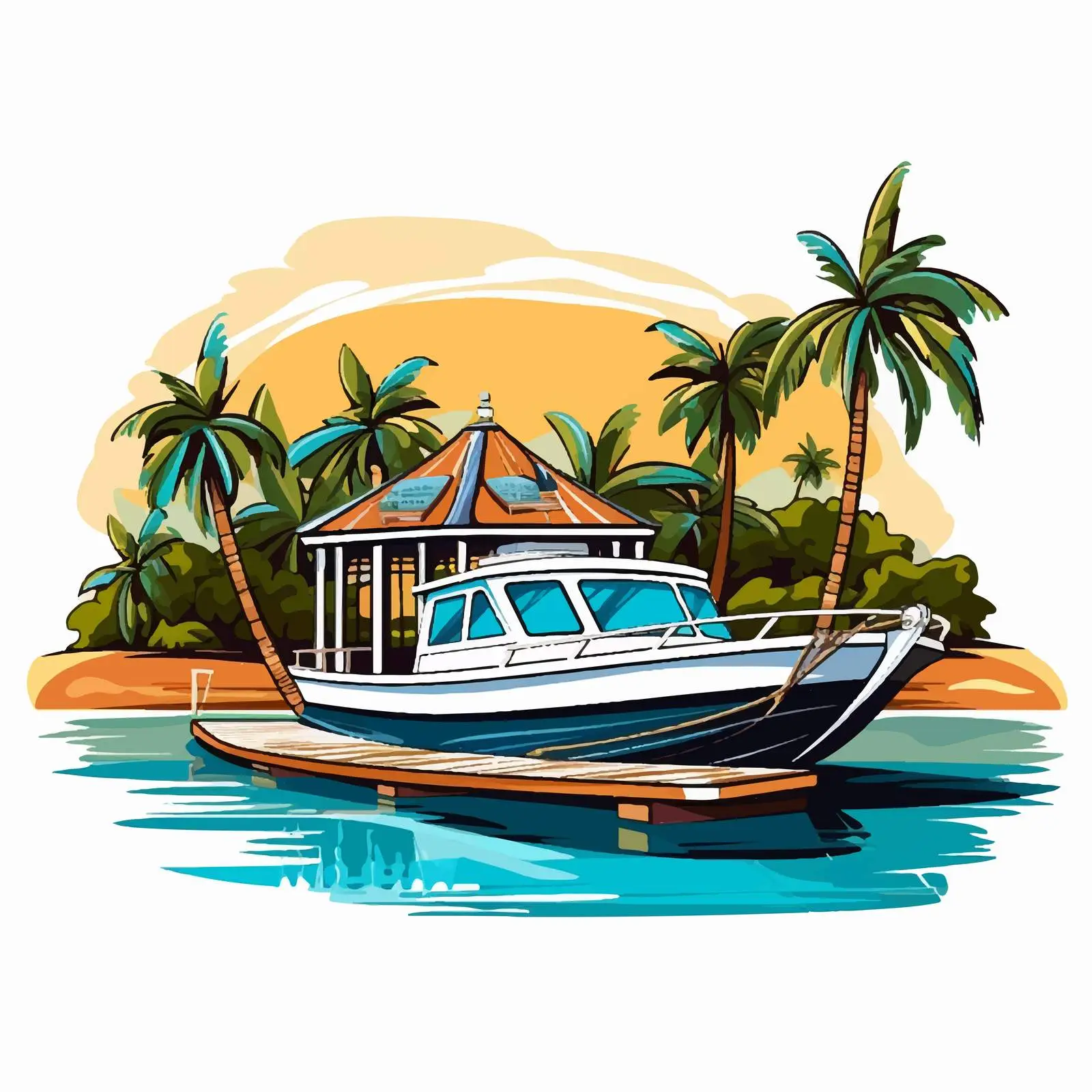 Isolated Island Pier with Motorboat Illustration — free download from Dotvec