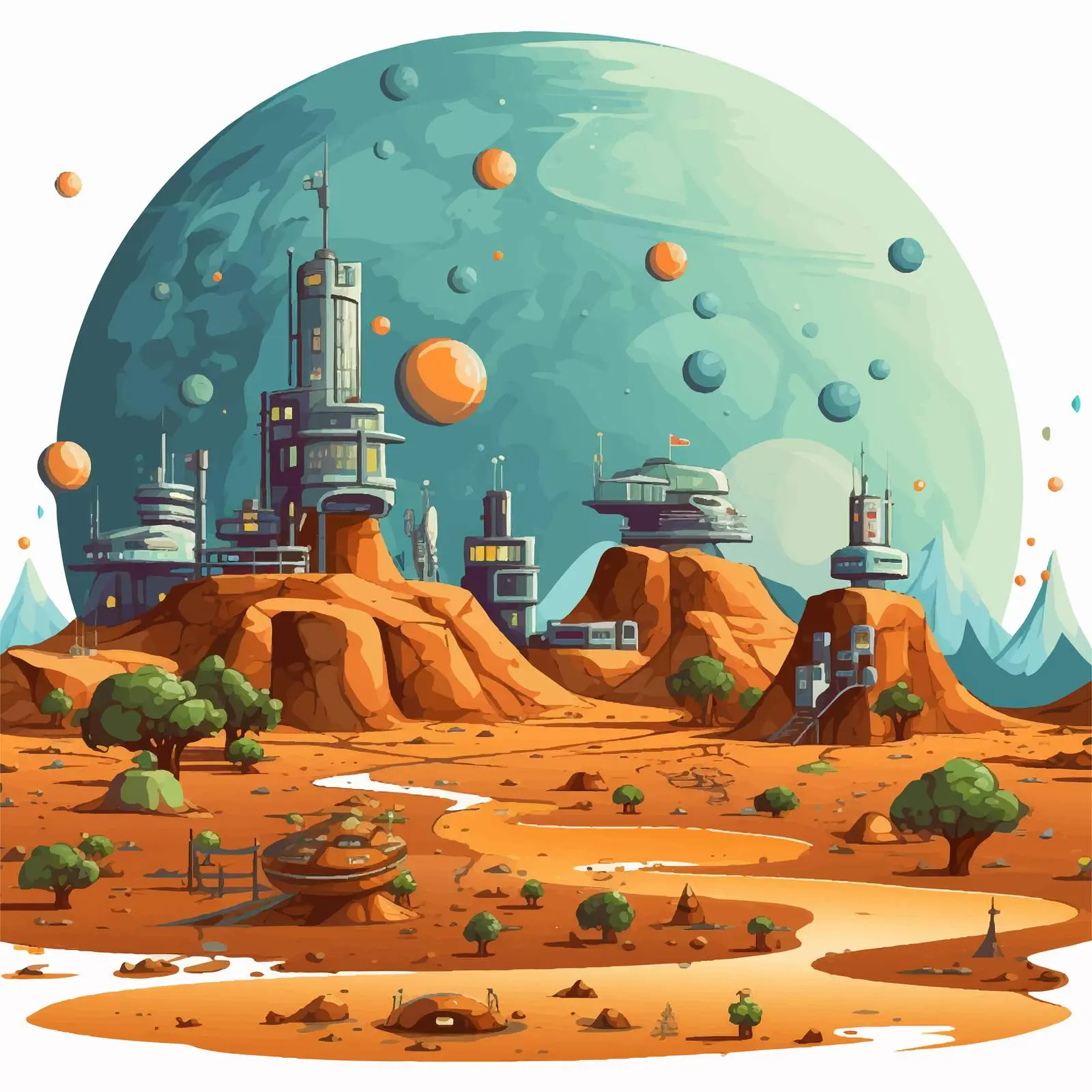 Isolated Planet Surface with Colony Buildings — free download from Dotvec