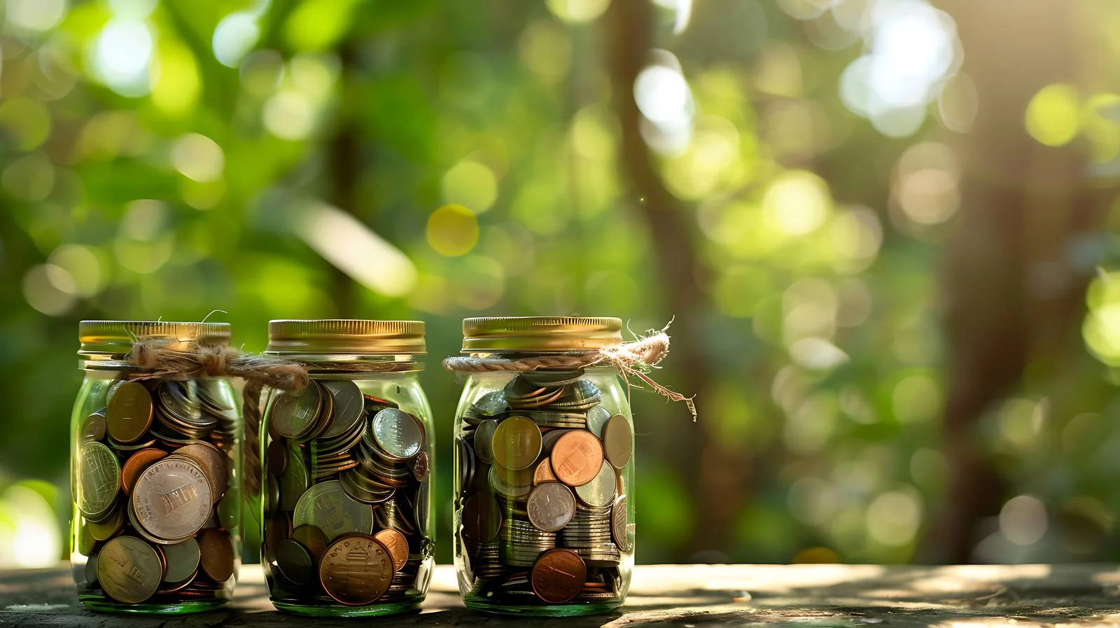 Coins Jars Nature Table Blurred Image — free download from Dotvec