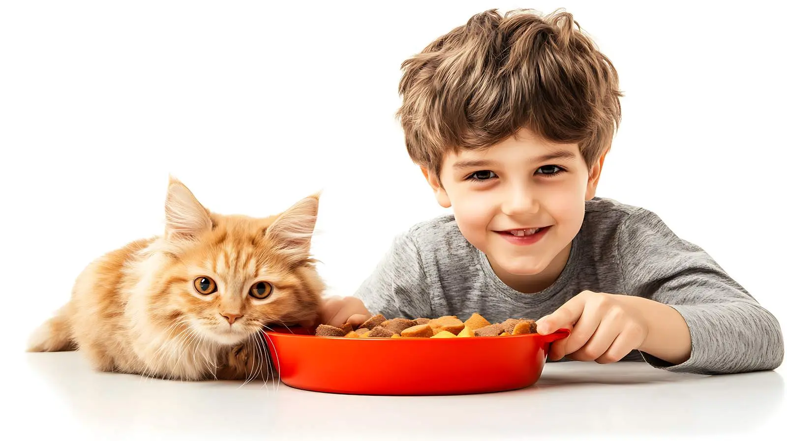 Boy and Cat Sharing Food Bowl — free download from Dotvec