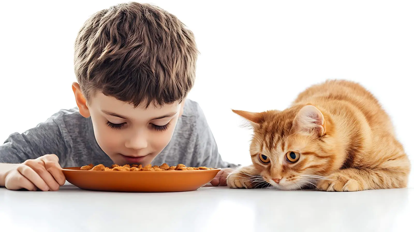 Boy and Cat Sharing Food Bowl — free download from Dotvec