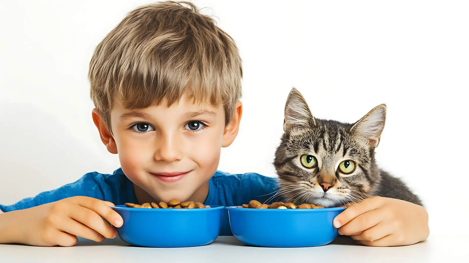 Boy and Cat Sharing a Bowl of Food – free laughing image from Dotvec