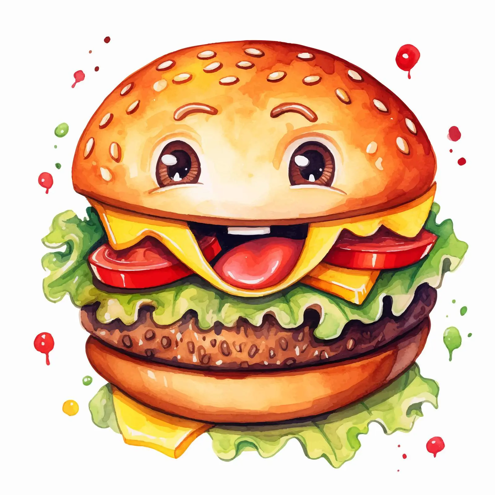 Joyful Cartoon Hamburger Watercolor Illustration — free download from Dotvec