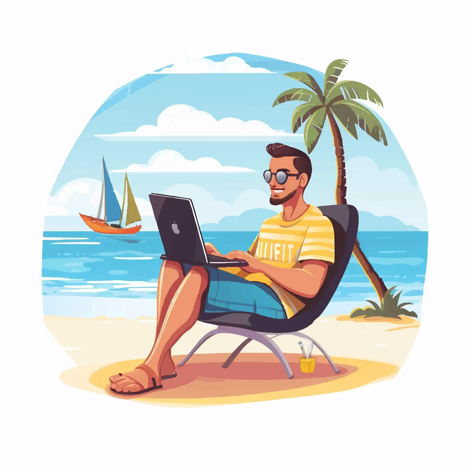 Happy Male Freelancer Working on Beach with Laptop — free download from Dotvec