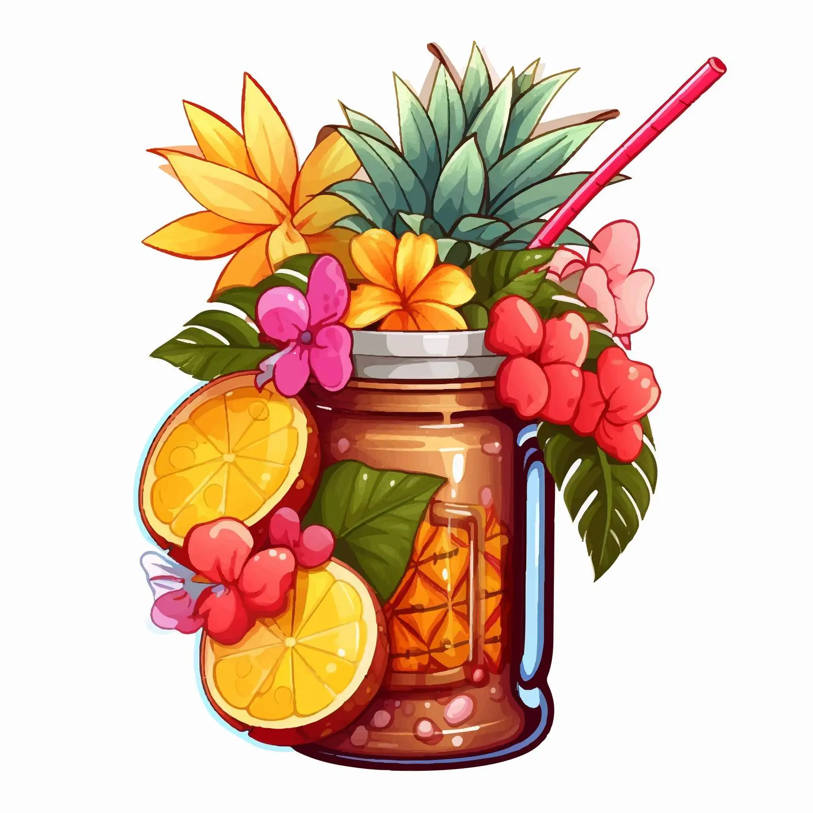 Juice Fruits in Pot with Straw and Flowers — free download from Dotvec