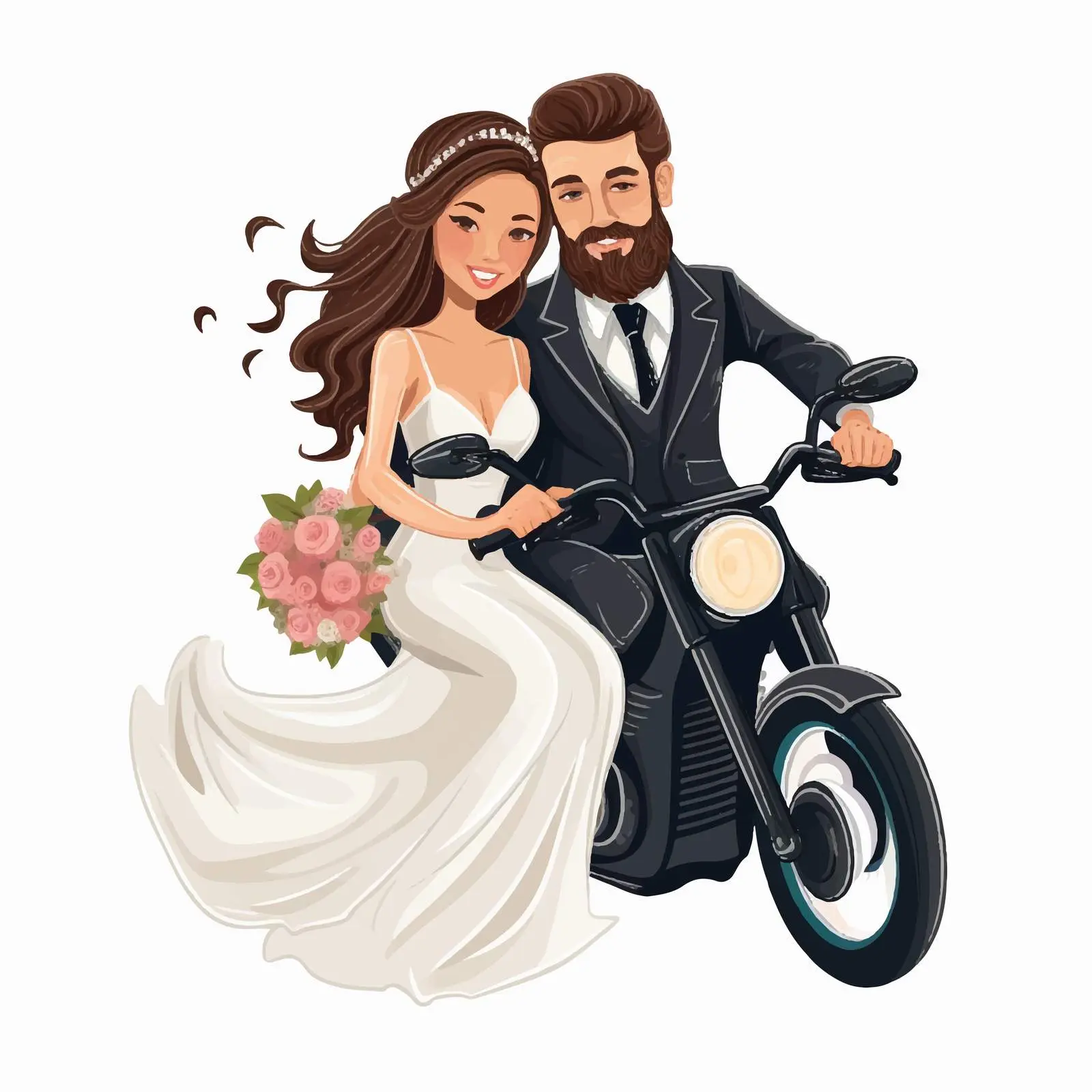 Just Married Couple Riding Motorcycle Cartoon — free download from Dotvec