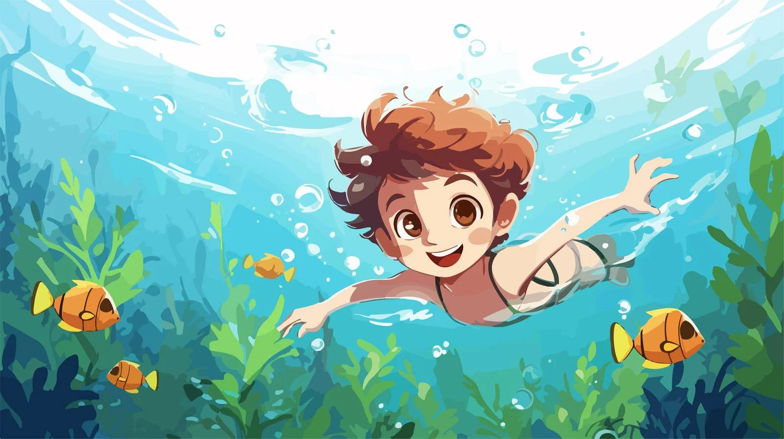Child Swimming in Cartoon Summer Scene — free download from Dotvec