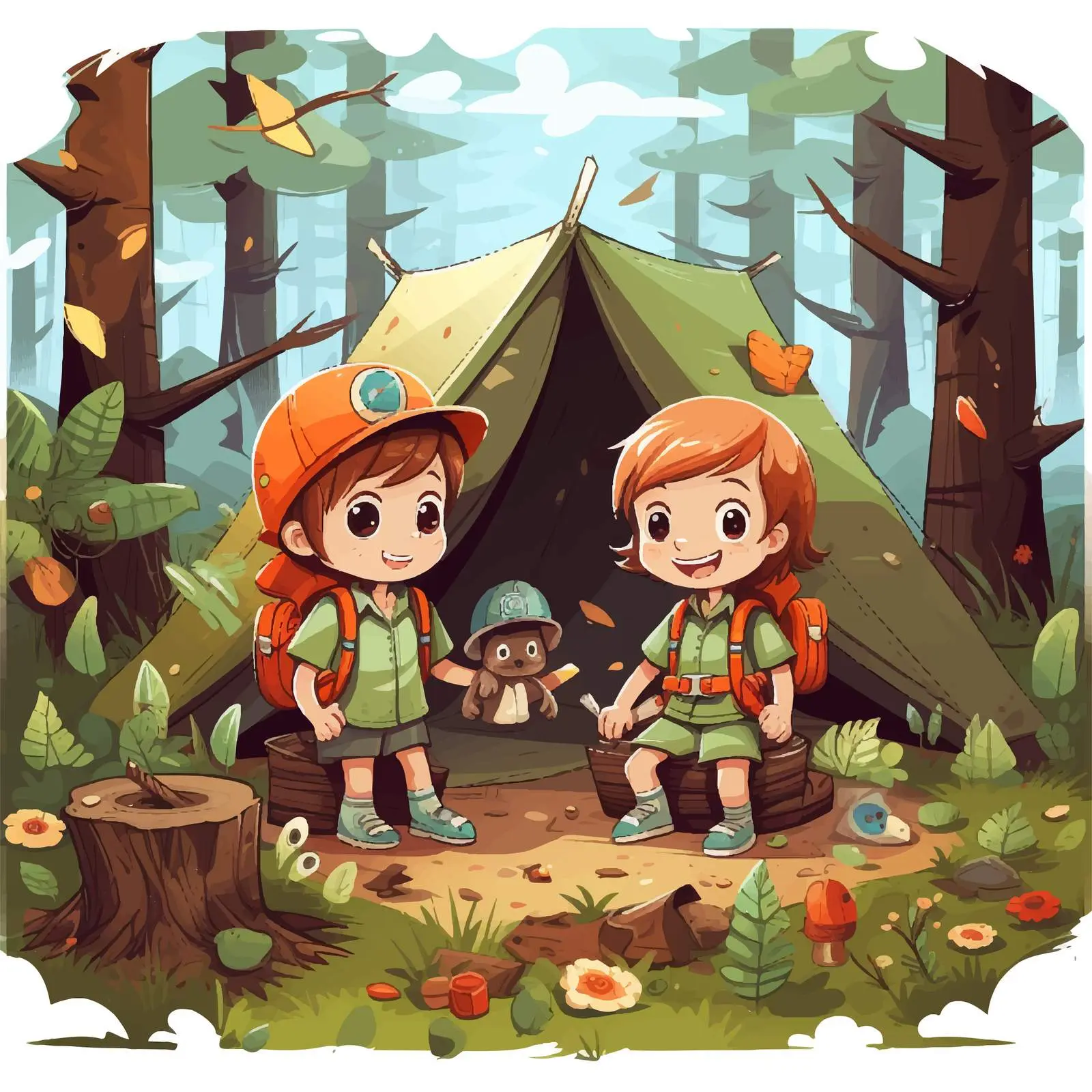 Kids Camping in the Forest Vector Illustration – free tents image from Dotvec