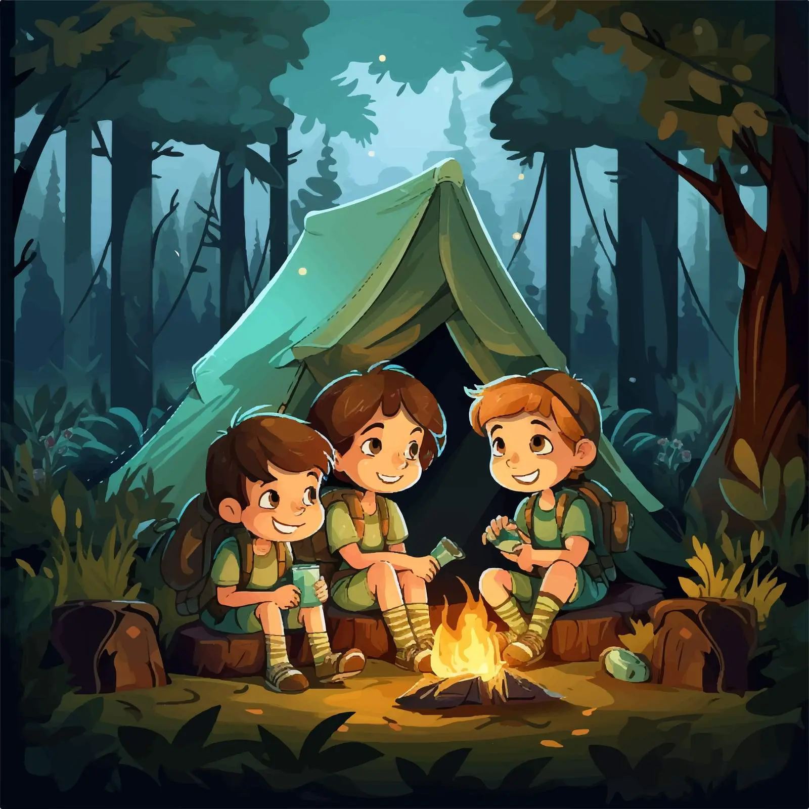 Kids Camping in the Forest Illustration Vector – free roasting image from Dotvec