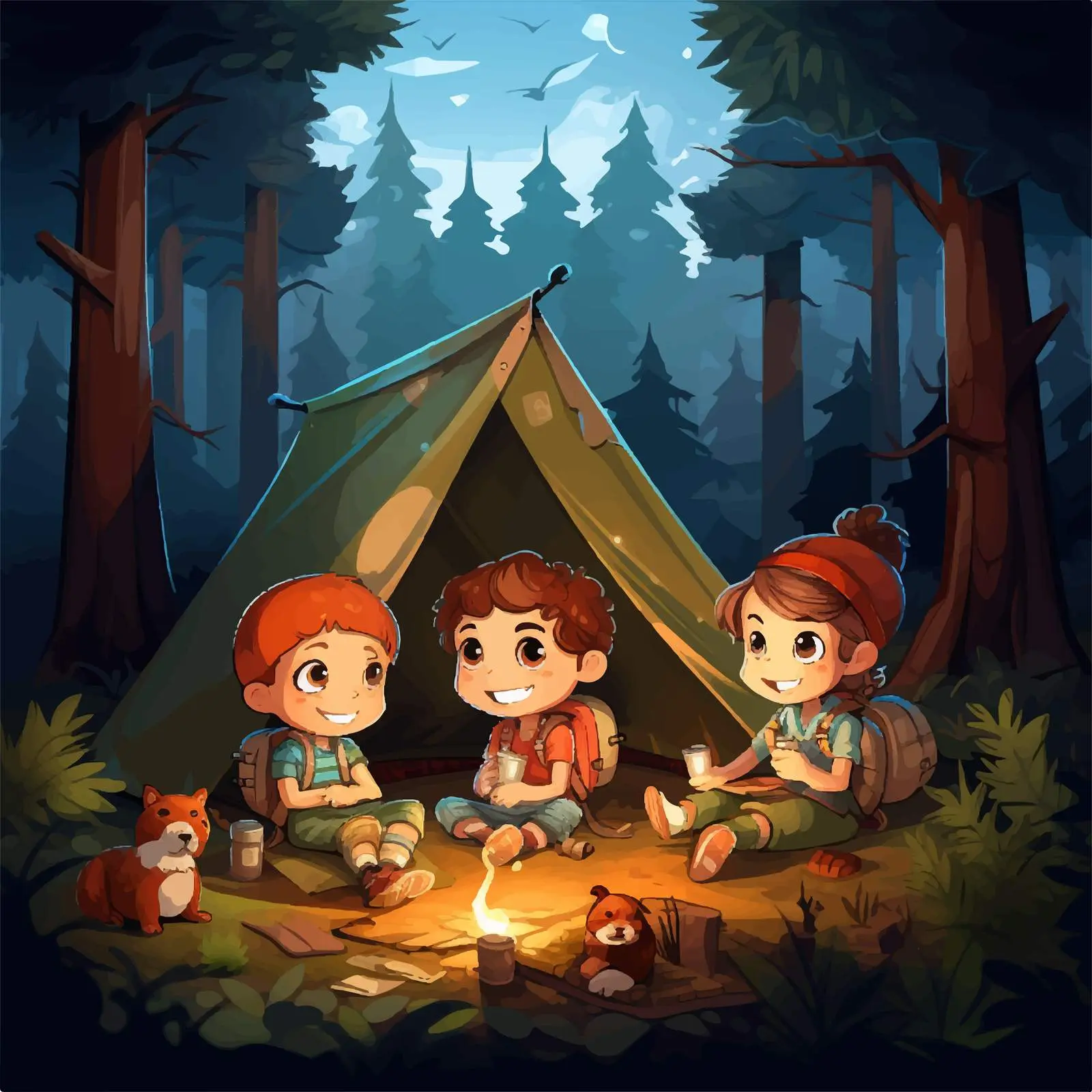 Kids Camping in Forest Vector Illustration — free download from Dotvec