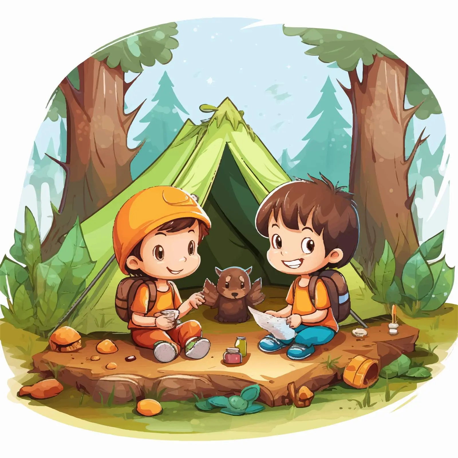 Kids Camping in the Forest Vector Illustration — free download from Dotvec