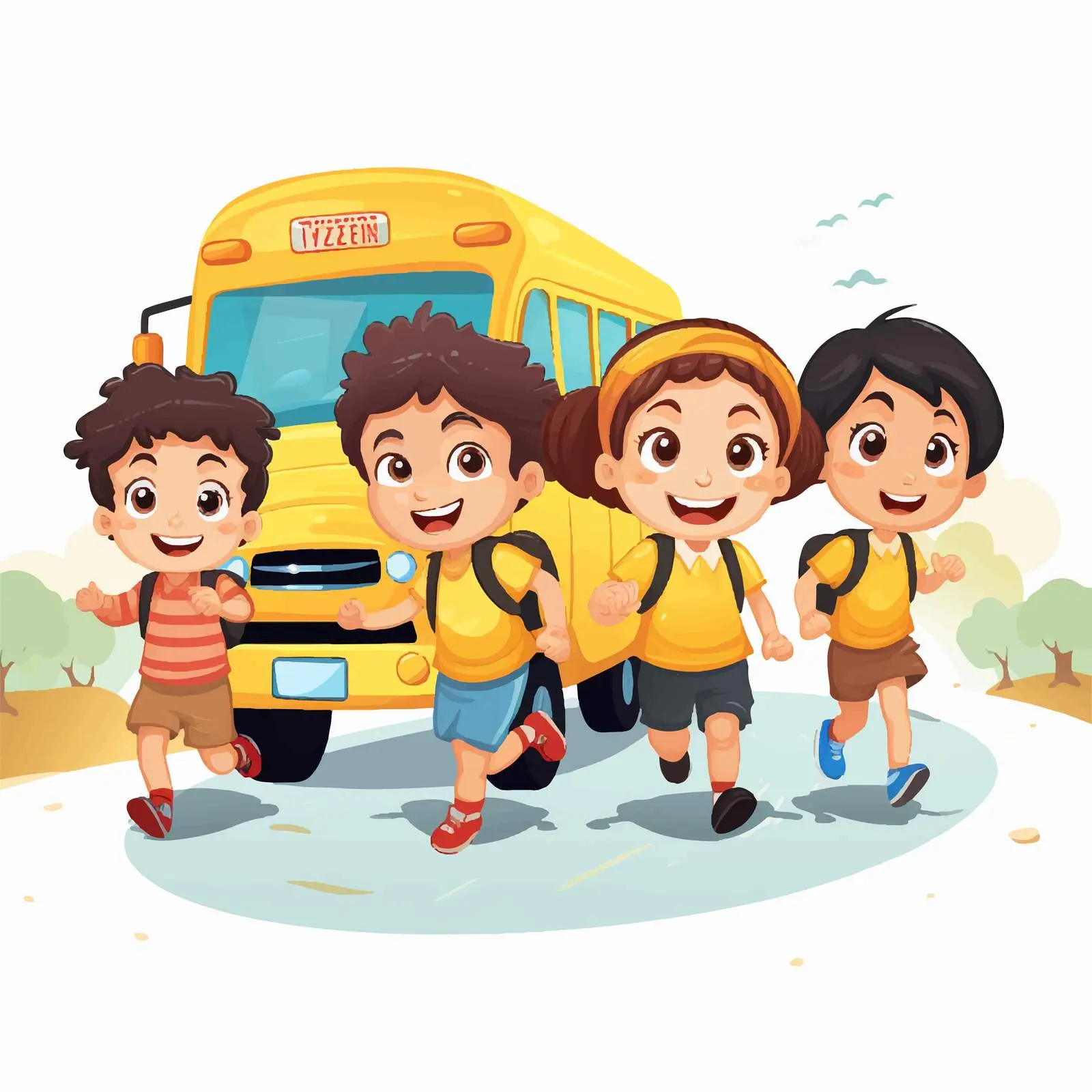 Children Running Toward Yellow School Bus Vector Art — free download from Dotvec