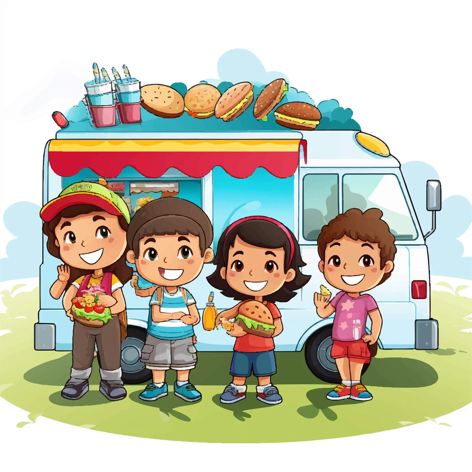 Kids Lined Up at Fast Food Truck Vector Art — free download from Dotvec