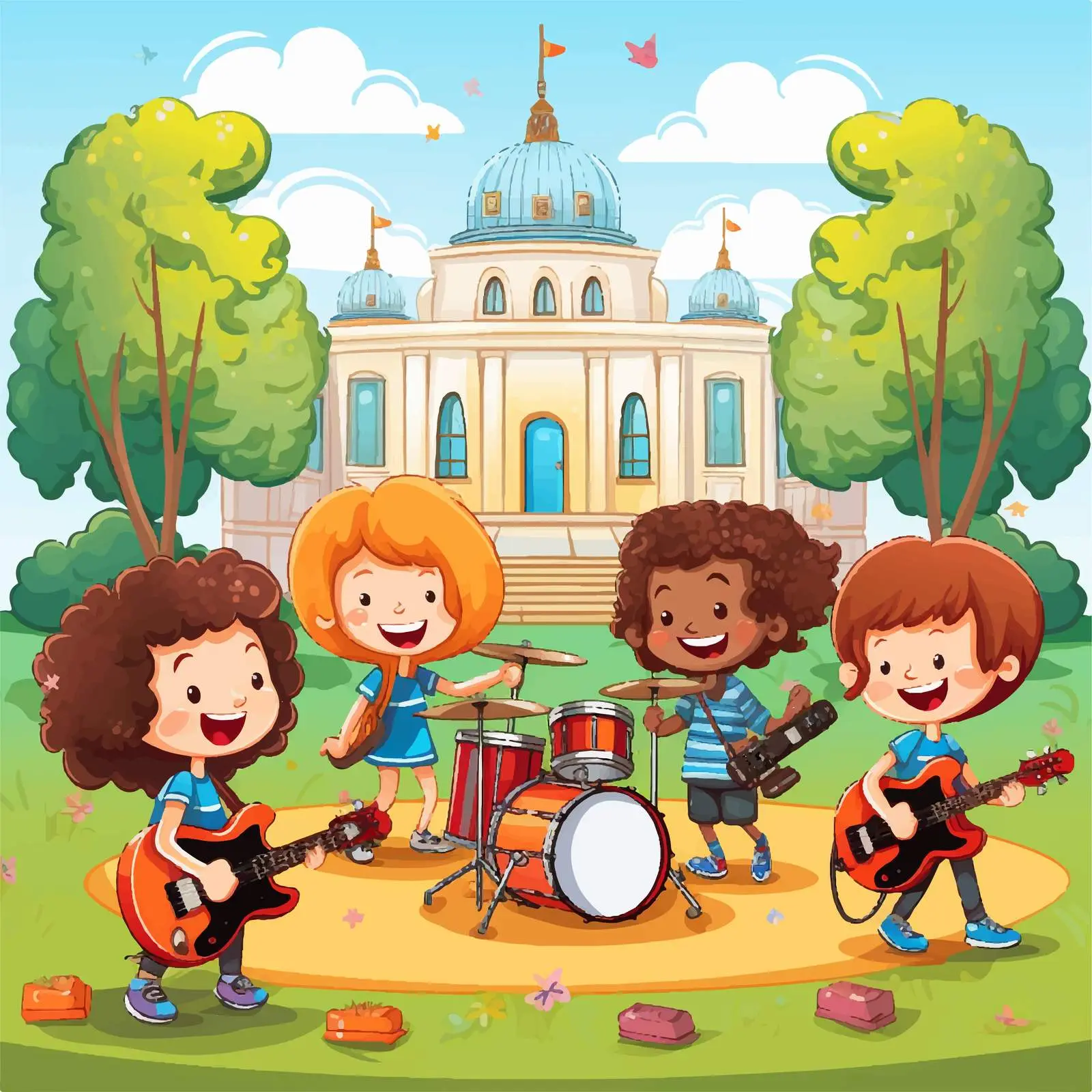 Kids Music Band Playing in Park Illustration — free download from Dotvec