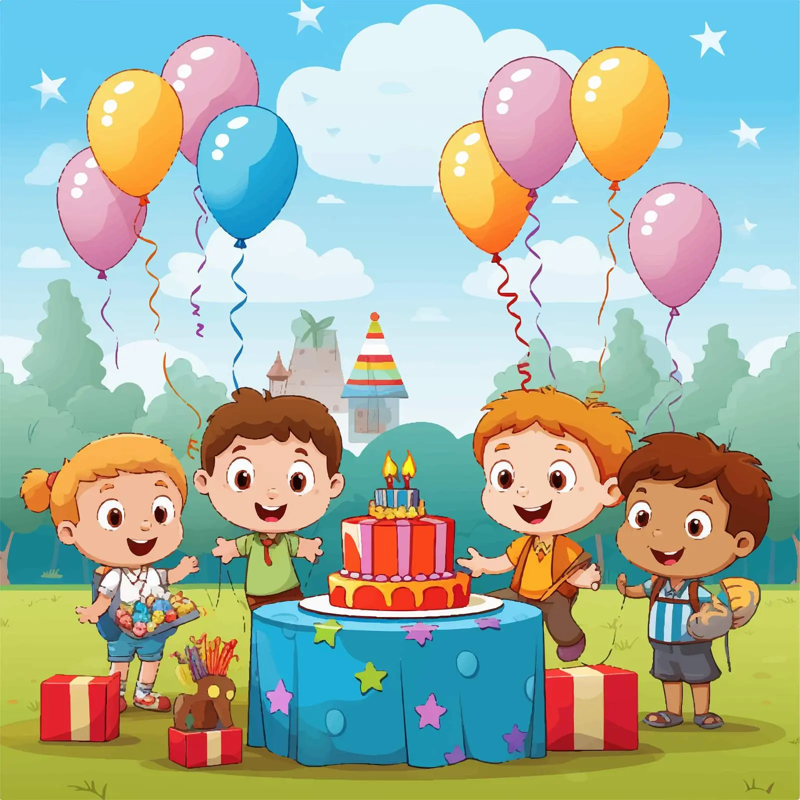 Colorful Kids Birthday Party Cartoon Vector Scene — free download from Dotvec