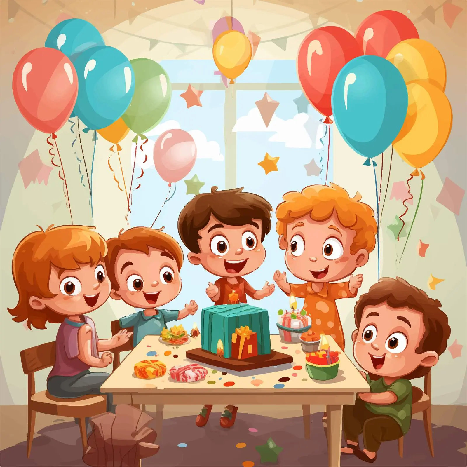 Colorful Cartoon Kids Birthday Party Vector Scene — free download from Dotvec
