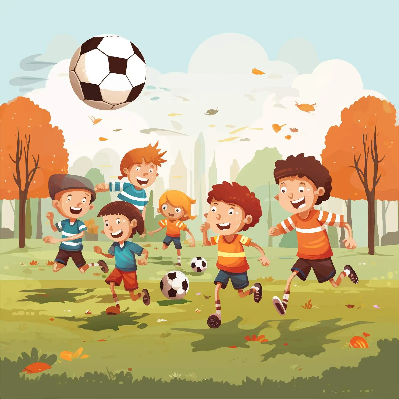 Children Playing Football on Lawn Illustration — free download from Dotvec