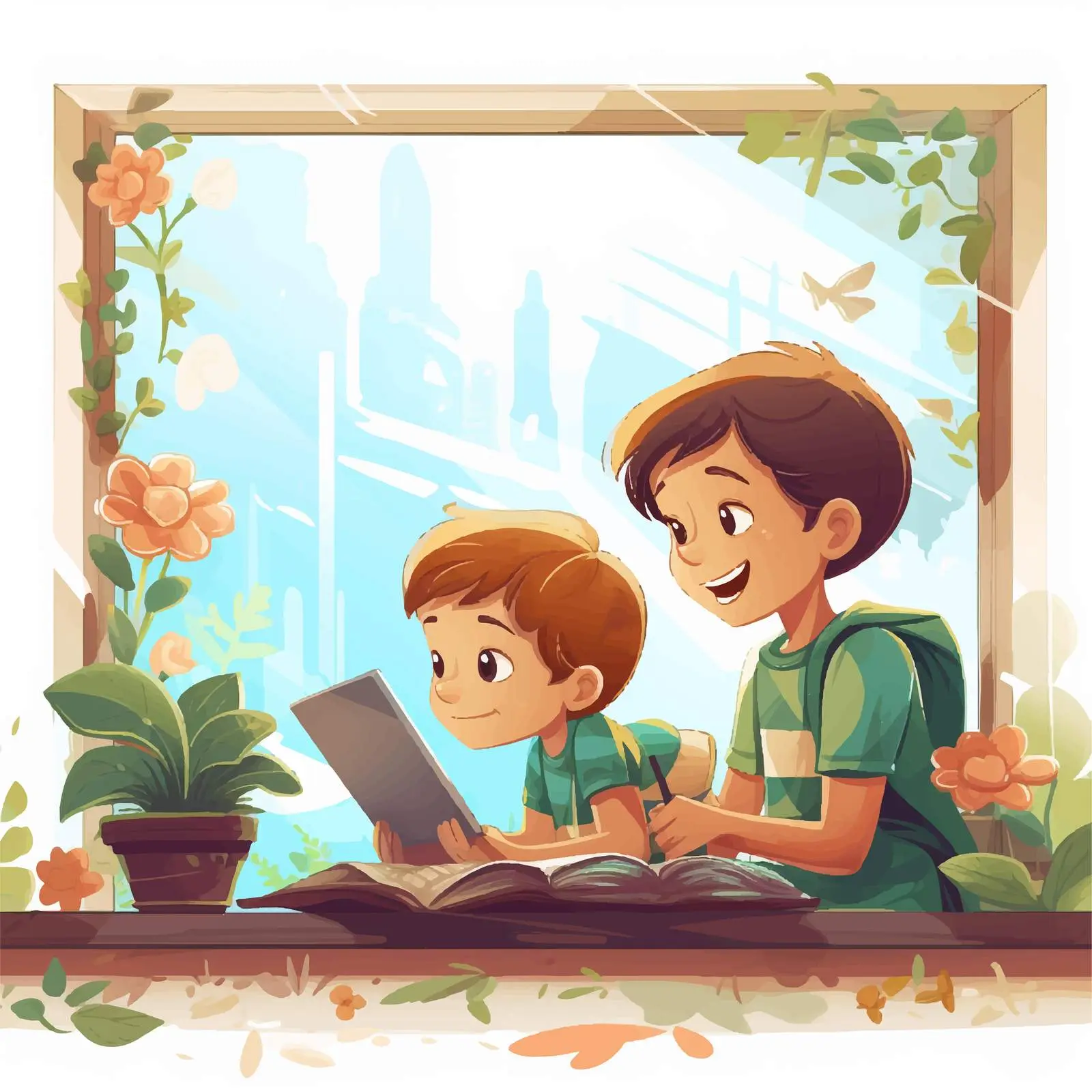 Kids Using Computer and Looking Through Window — free download from Dotvec