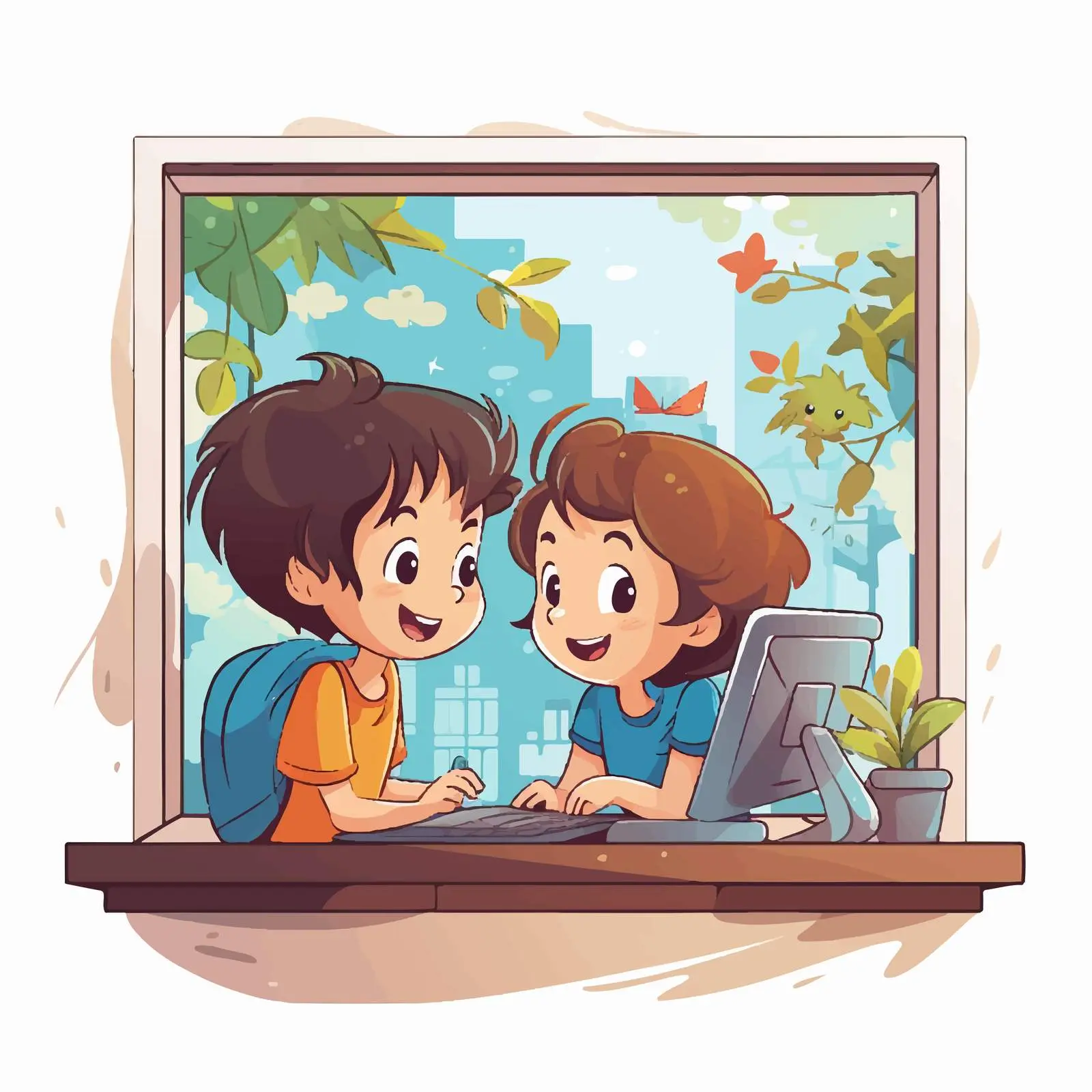 Children Using Computer with Window View Illustration — free download from Dotvec
