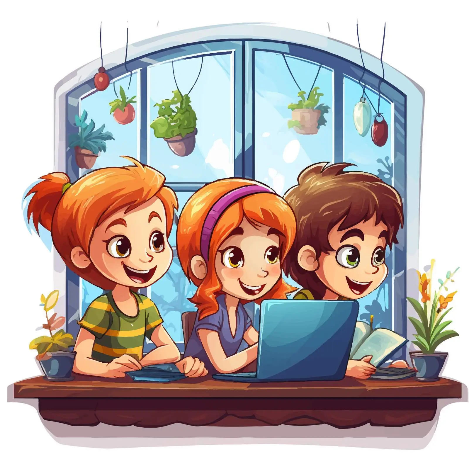 Children Using Computer by Window Illustration — free download from Dotvec
