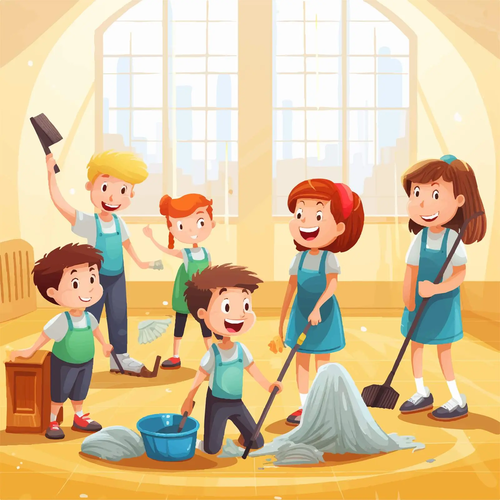 Children Volunteering to Clean School Illustration – free school spirit image from Dotvec