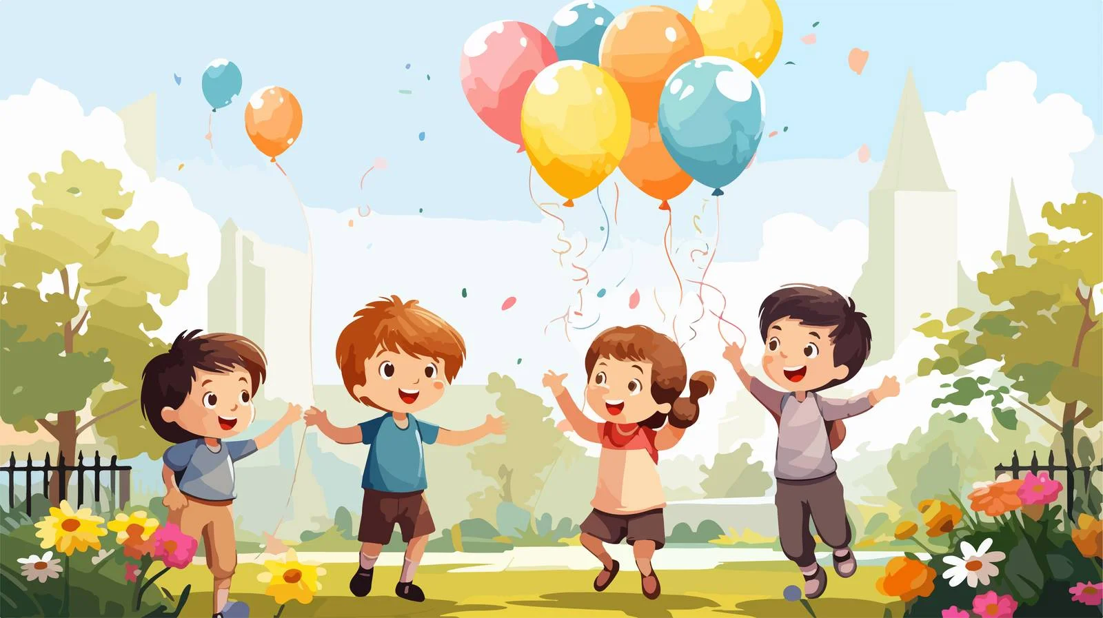 Joyful Kids Balloon Garden Scene — free download from Dotvec