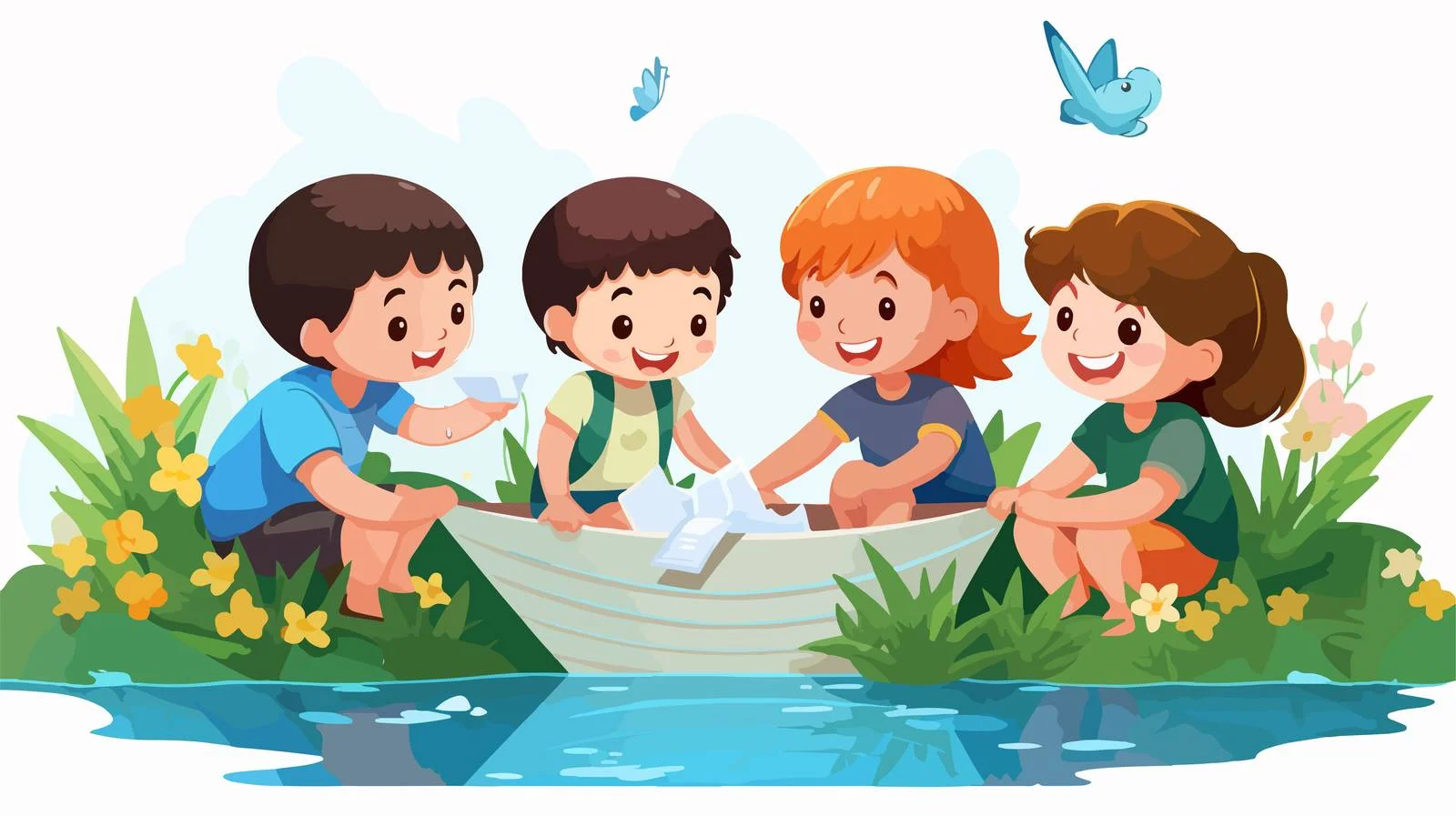 Children Playing with Paper Boat in Garden — free download from Dotvec