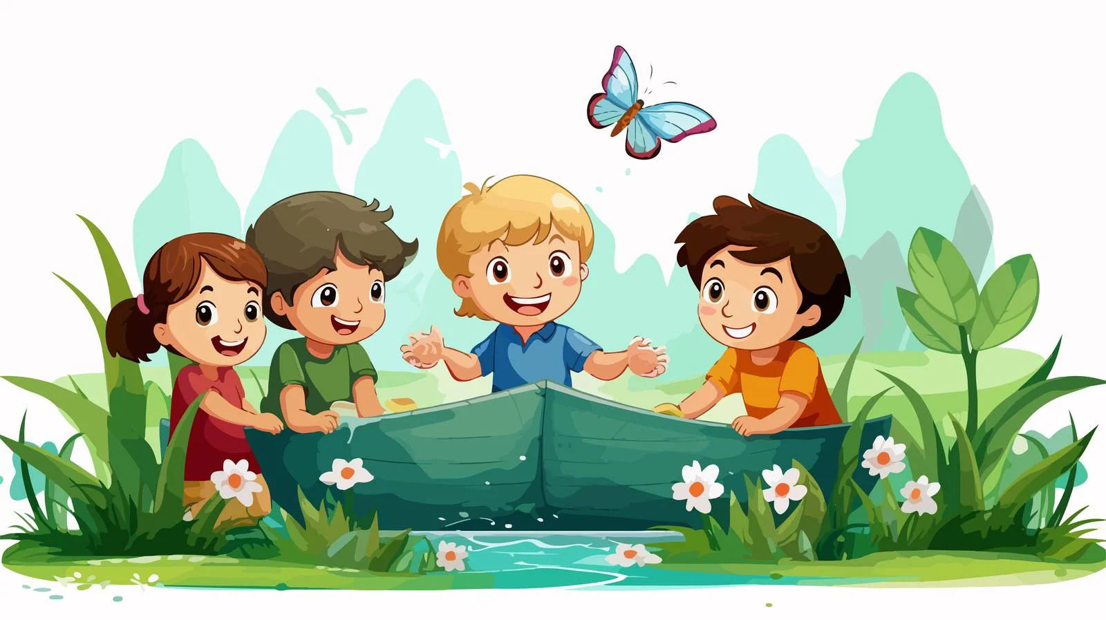 Children Playing Garden Paper Boat Vector — free download from Dotvec