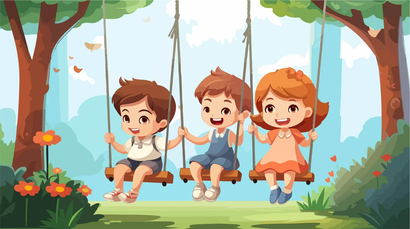 Children Swinging Garden Illustration — free download from Dotvec