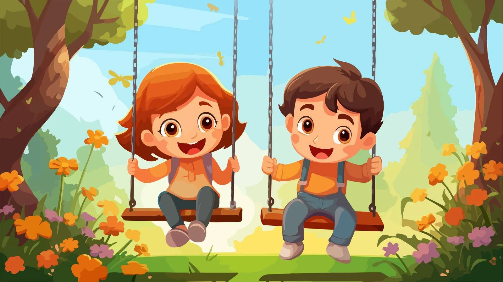 Children Swinging Garden Vector Illustration — free download from Dotvec