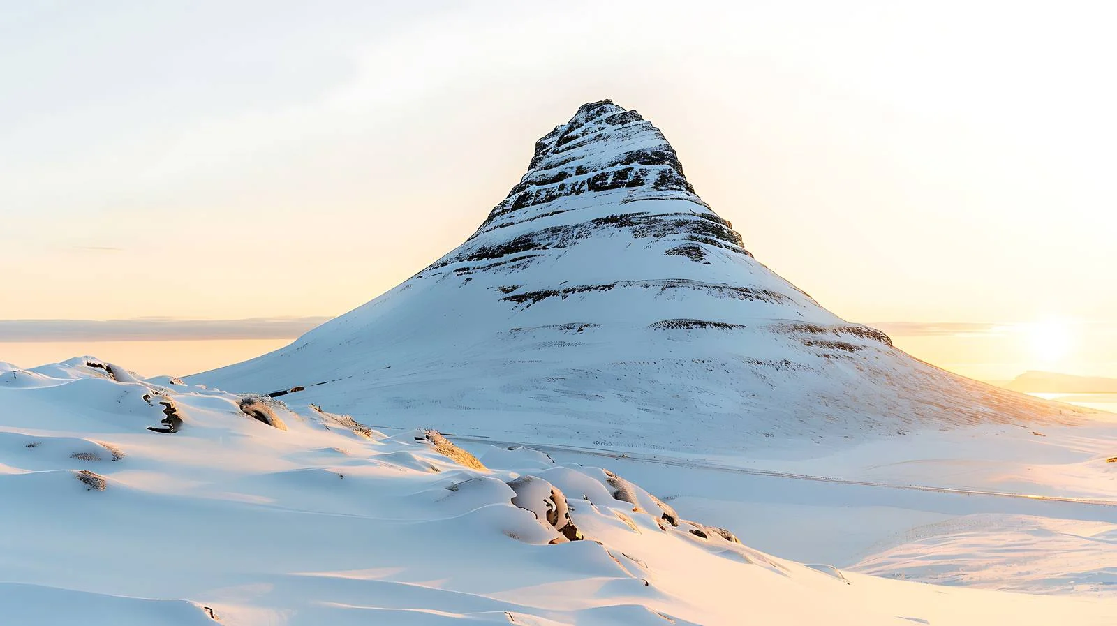 Majestic Kirkjufell Mountain Winter Sunset Scene – free snowcapped image from Dotvec