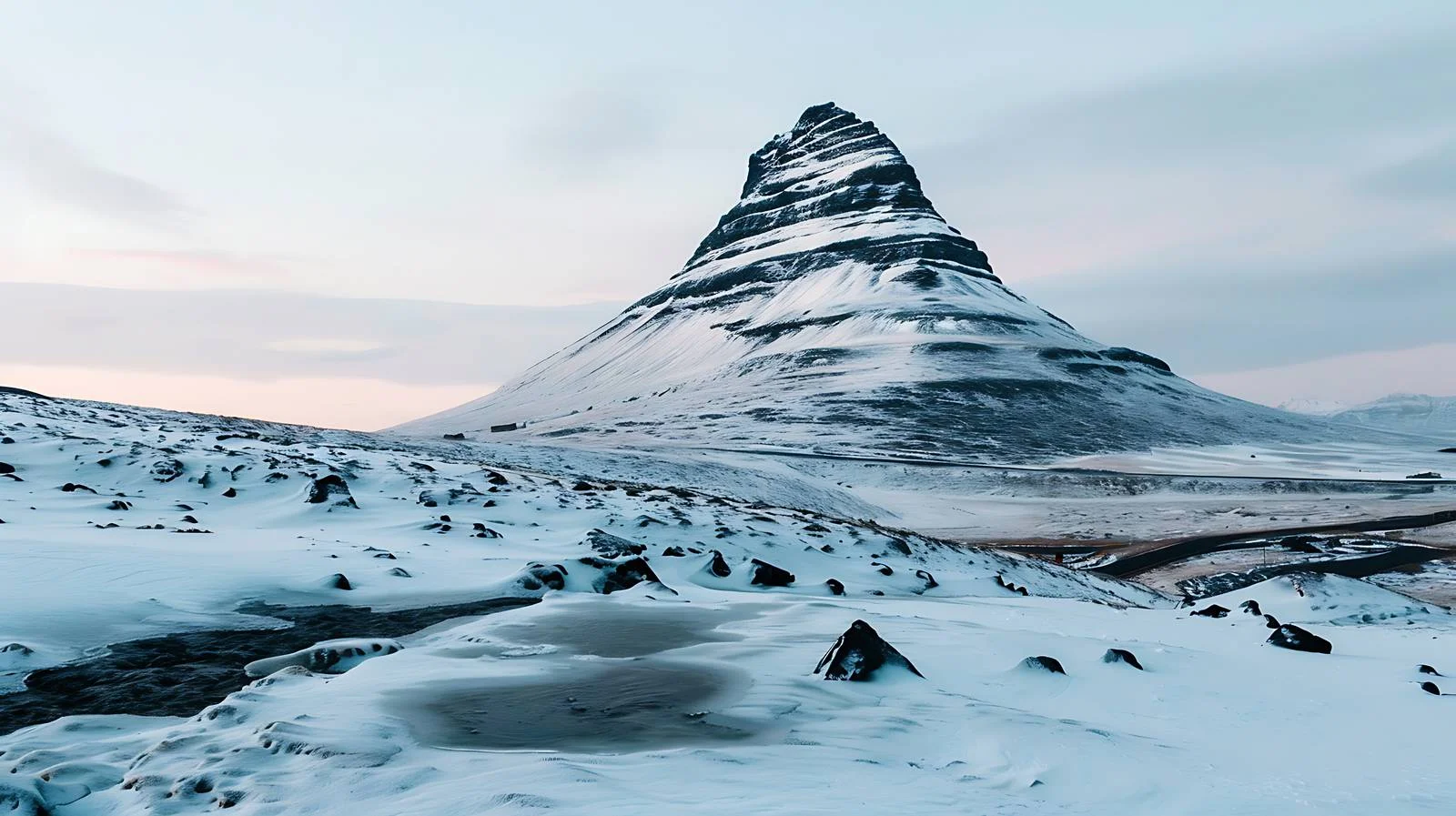 Majestic Kirkjufell Mountain Winter Sunset View – free snowcapped image from Dotvec