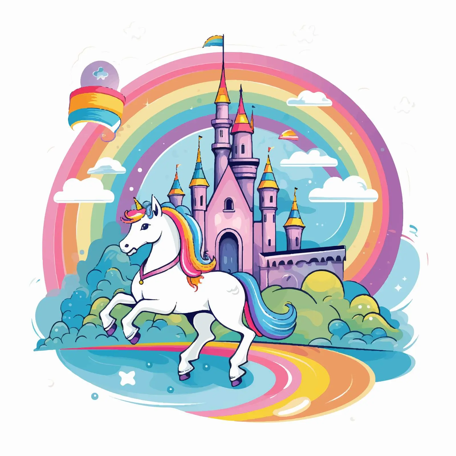 Knight on Unicorn at Dragon Castle and Rainbow — free download from Dotvec