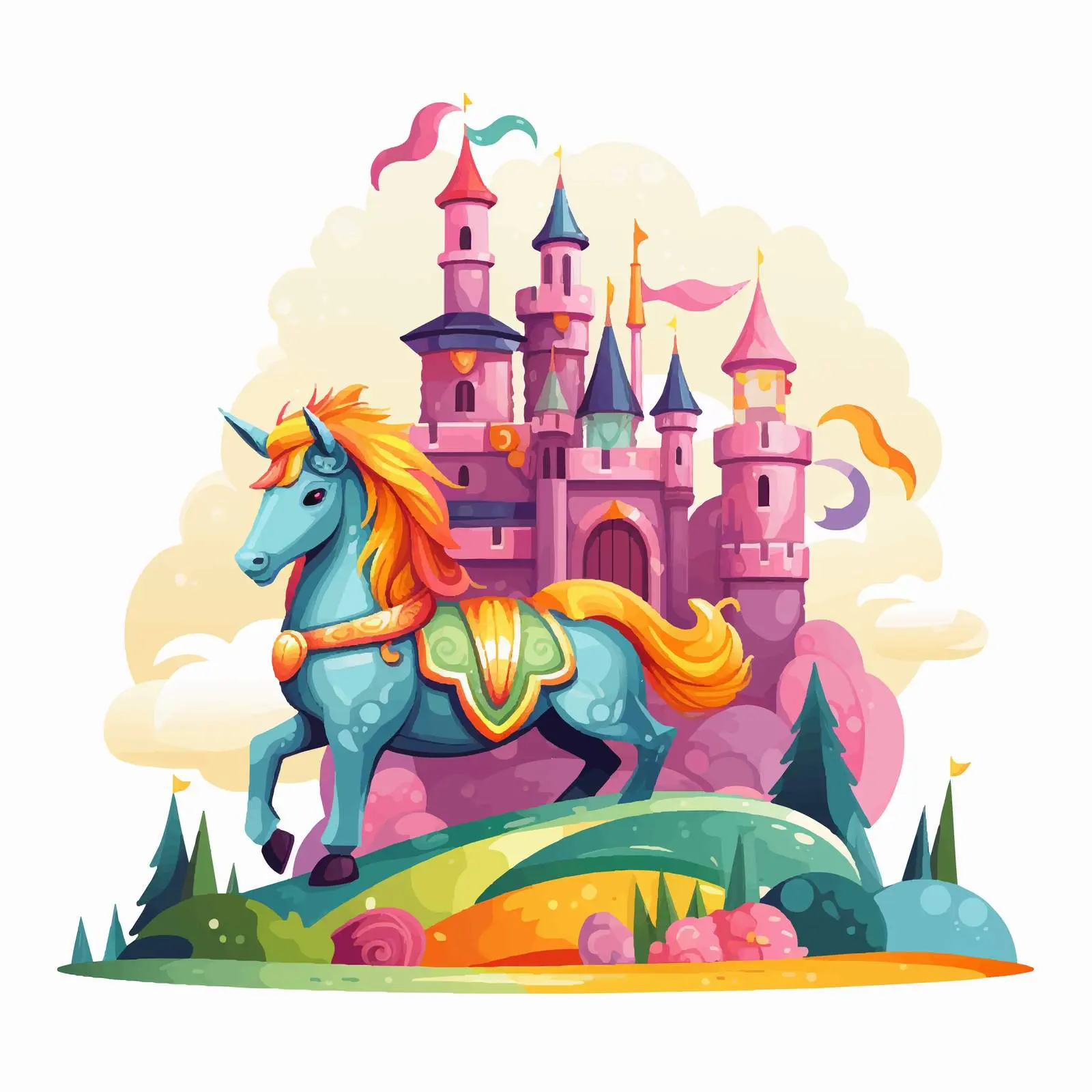 Knight on Unicorn at Dragon Castle with Rainbow — free download from Dotvec
