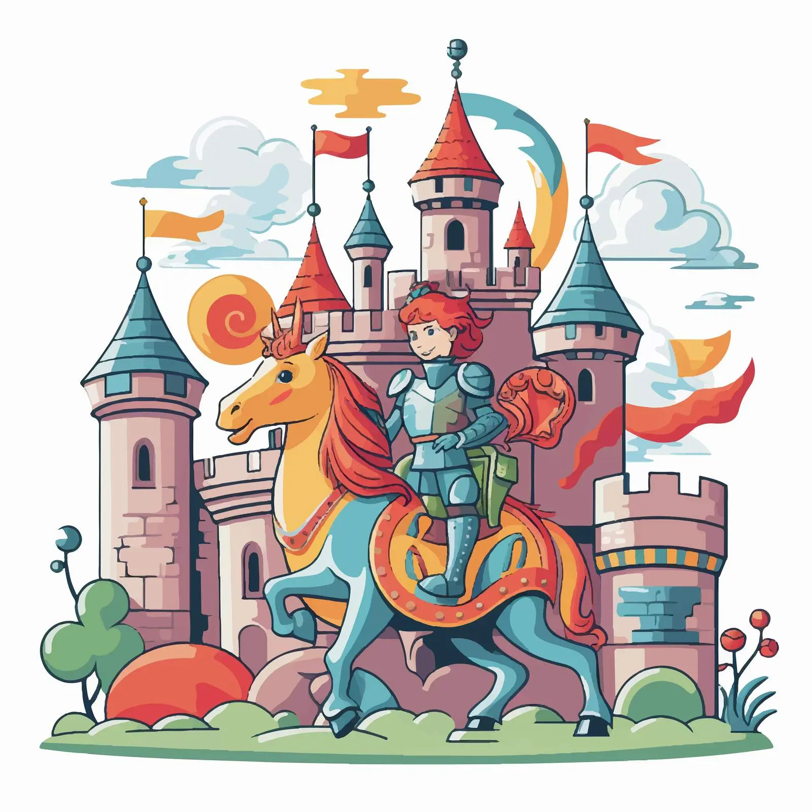 Knight on Unicorn with Dragon and Rainbow — free download from Dotvec