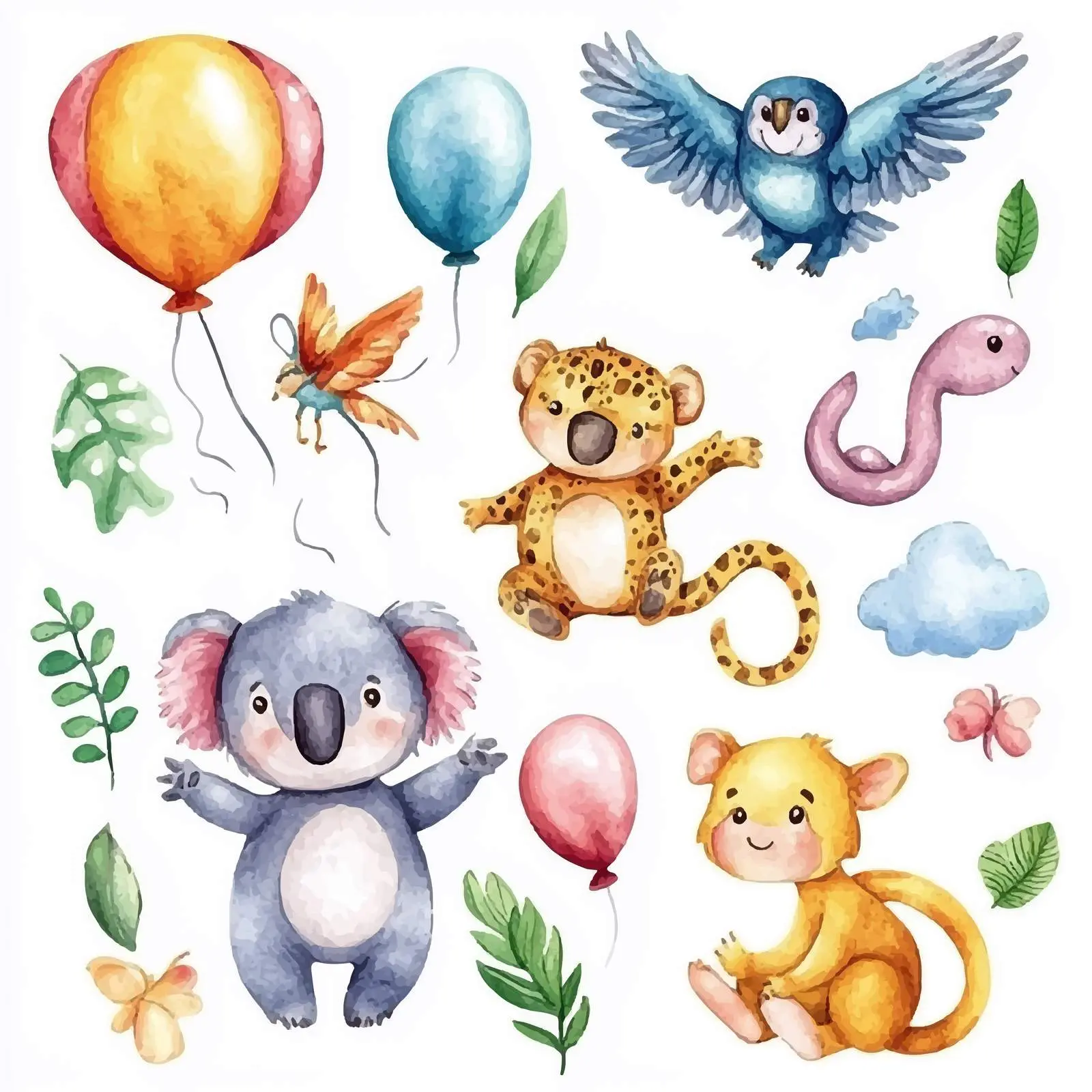 Whimsical Animal Vectors with Balloons and Clouds — free download from Dotvec