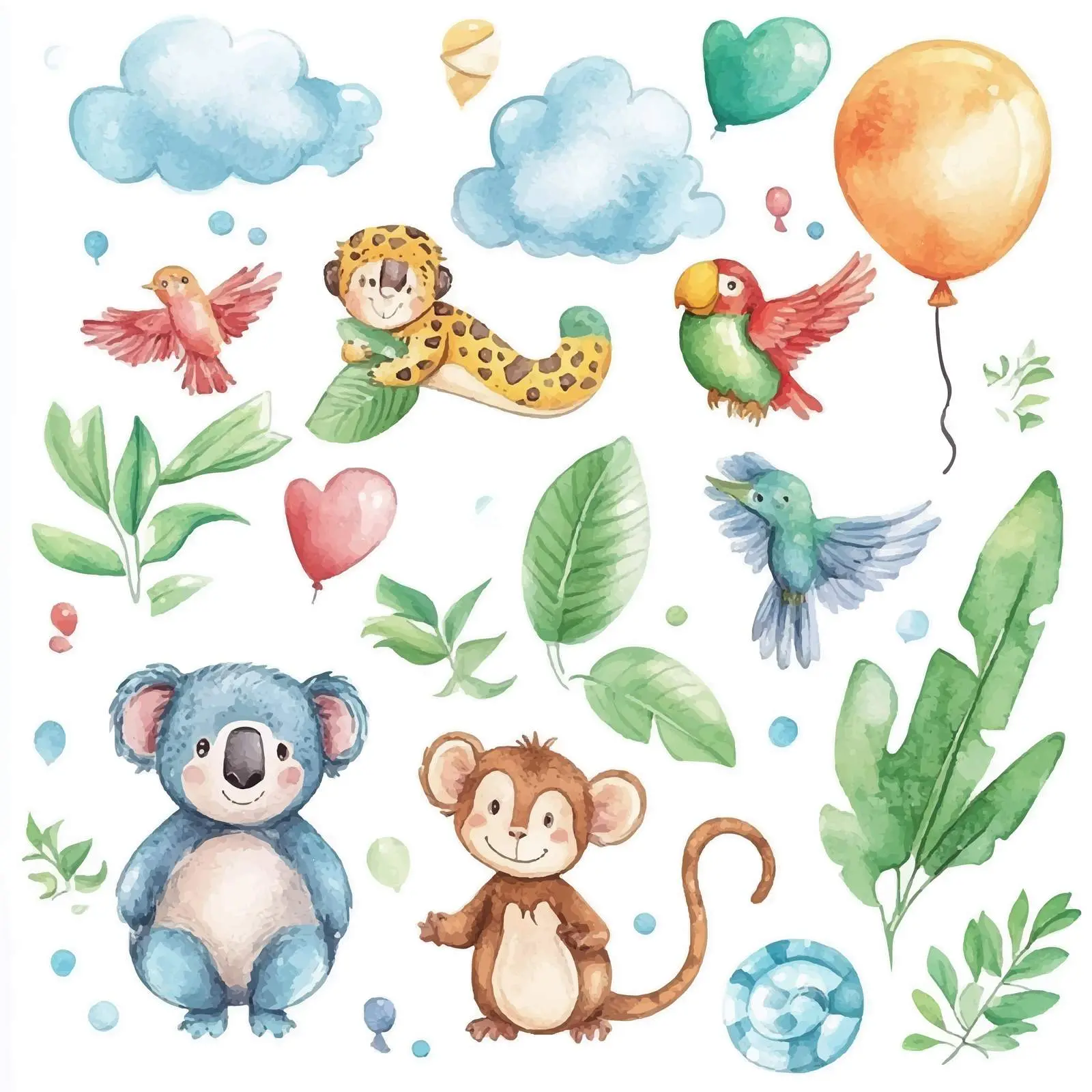 Whimsical Jungle Animals with Balloons and Clouds — free download from Dotvec