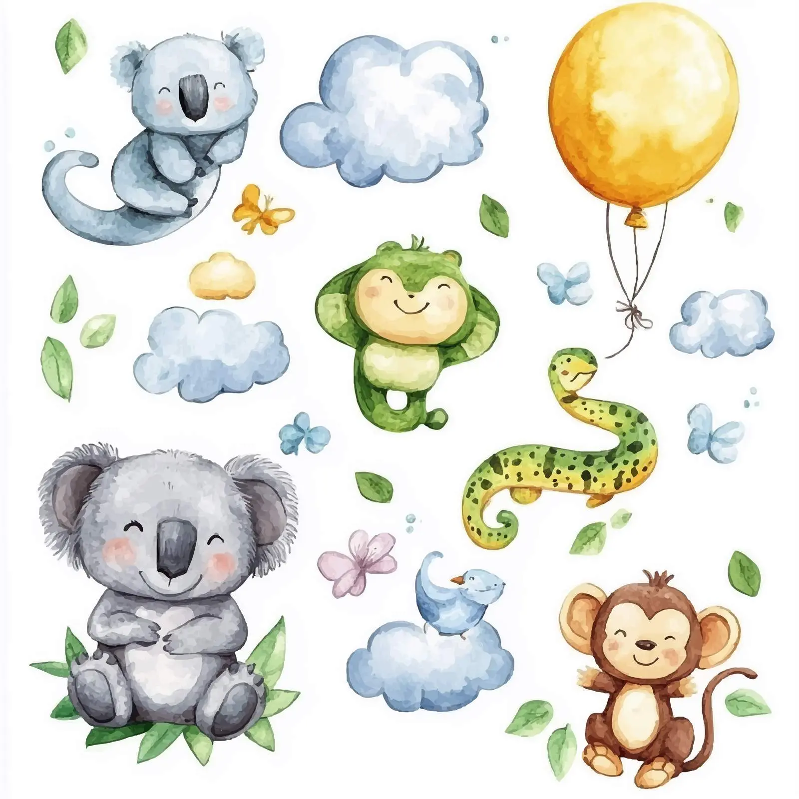 Cute Animal Illustrations with Balloons and Clouds – free whimsical creature image from Dotvec