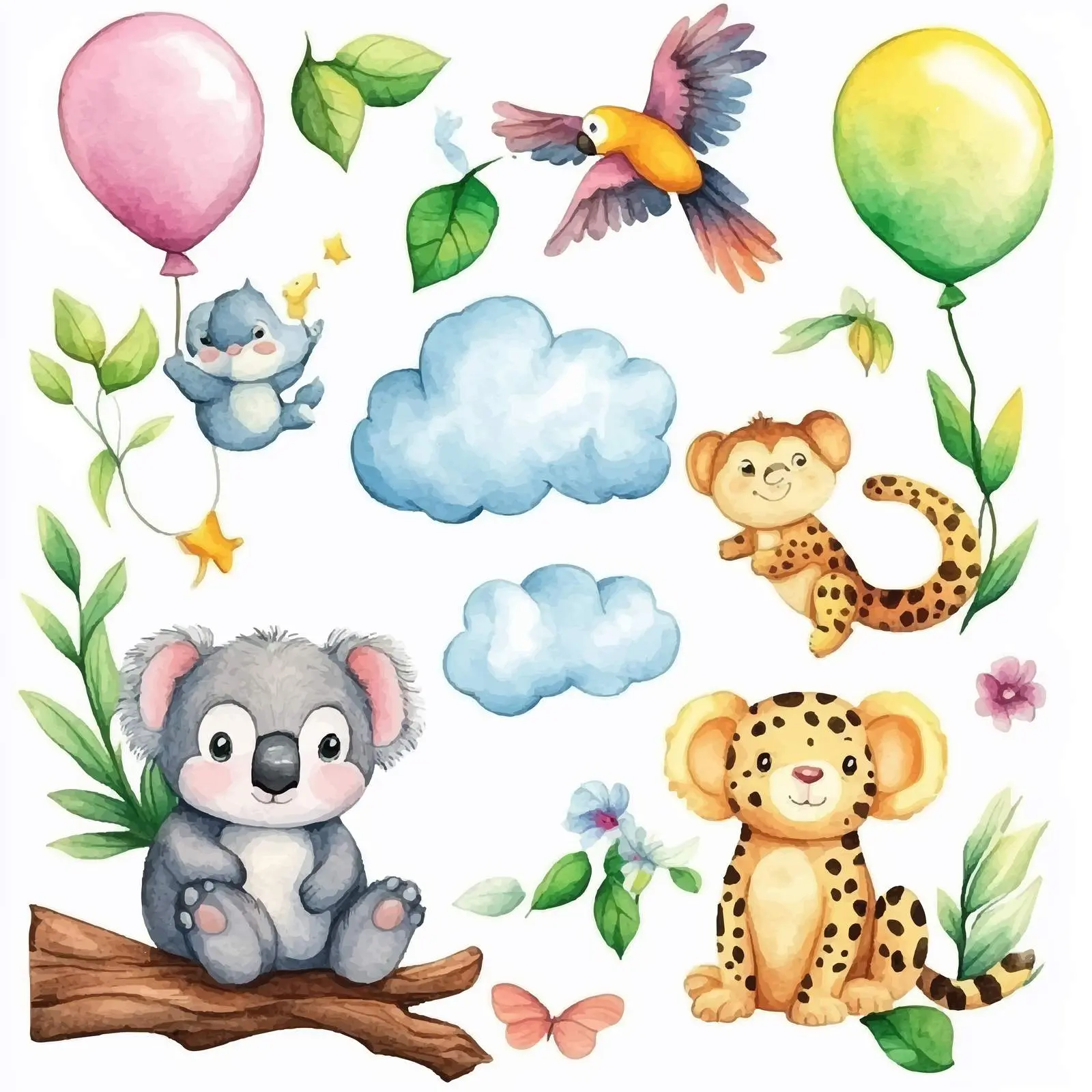 Whimsical Jungle Animals with Balloons and Clouds — free download from Dotvec