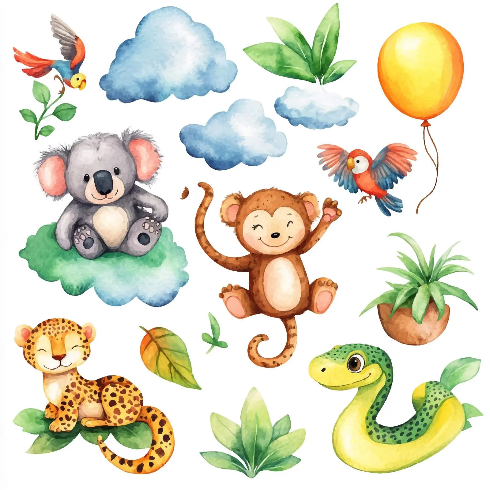 Whimsical Wildlife Vectors with Balloons and Clouds — free download from Dotvec